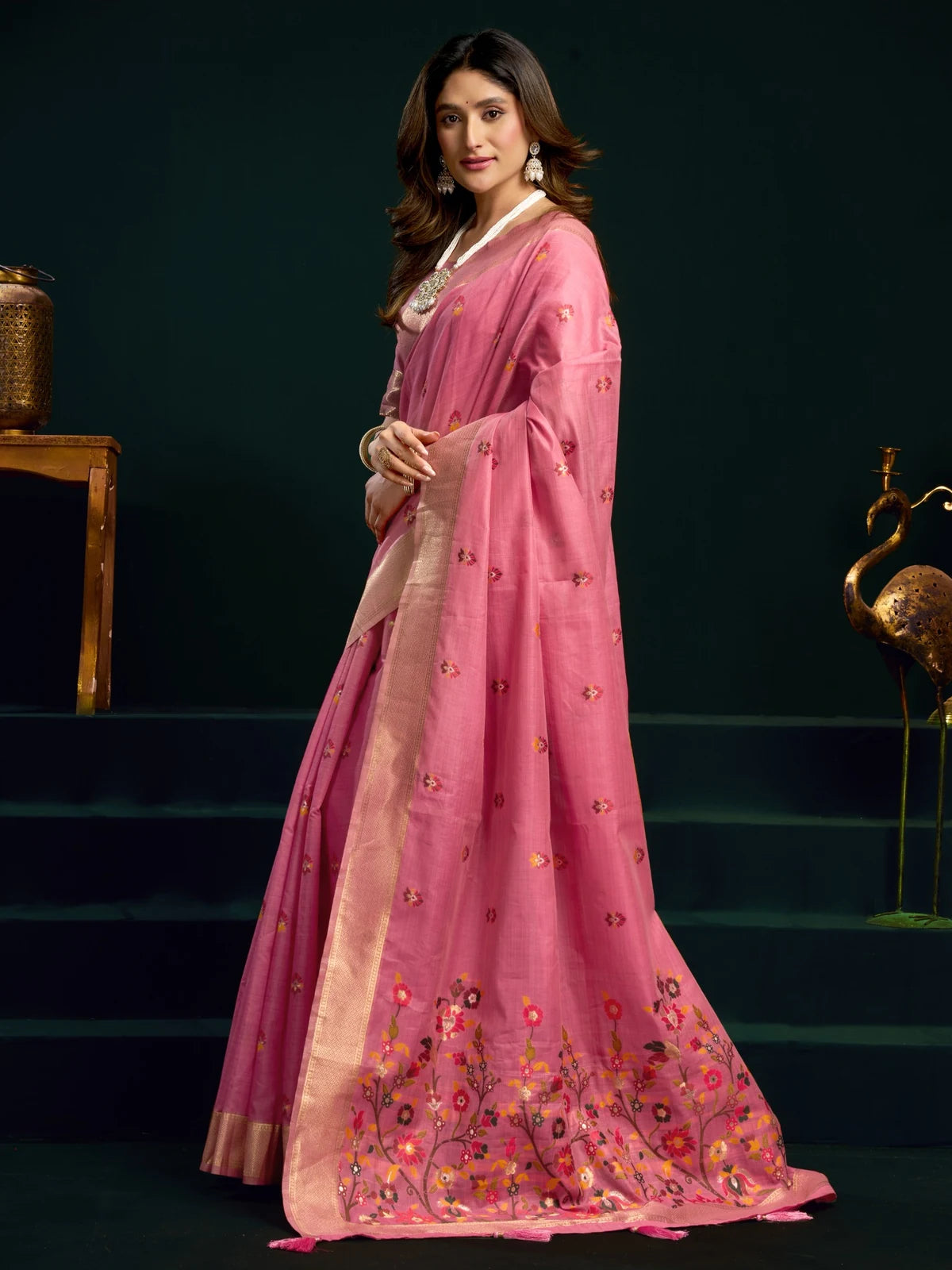 Tarani Latika pink Munga Cotton Mina Work saree side view with elegant drape and floral pallu