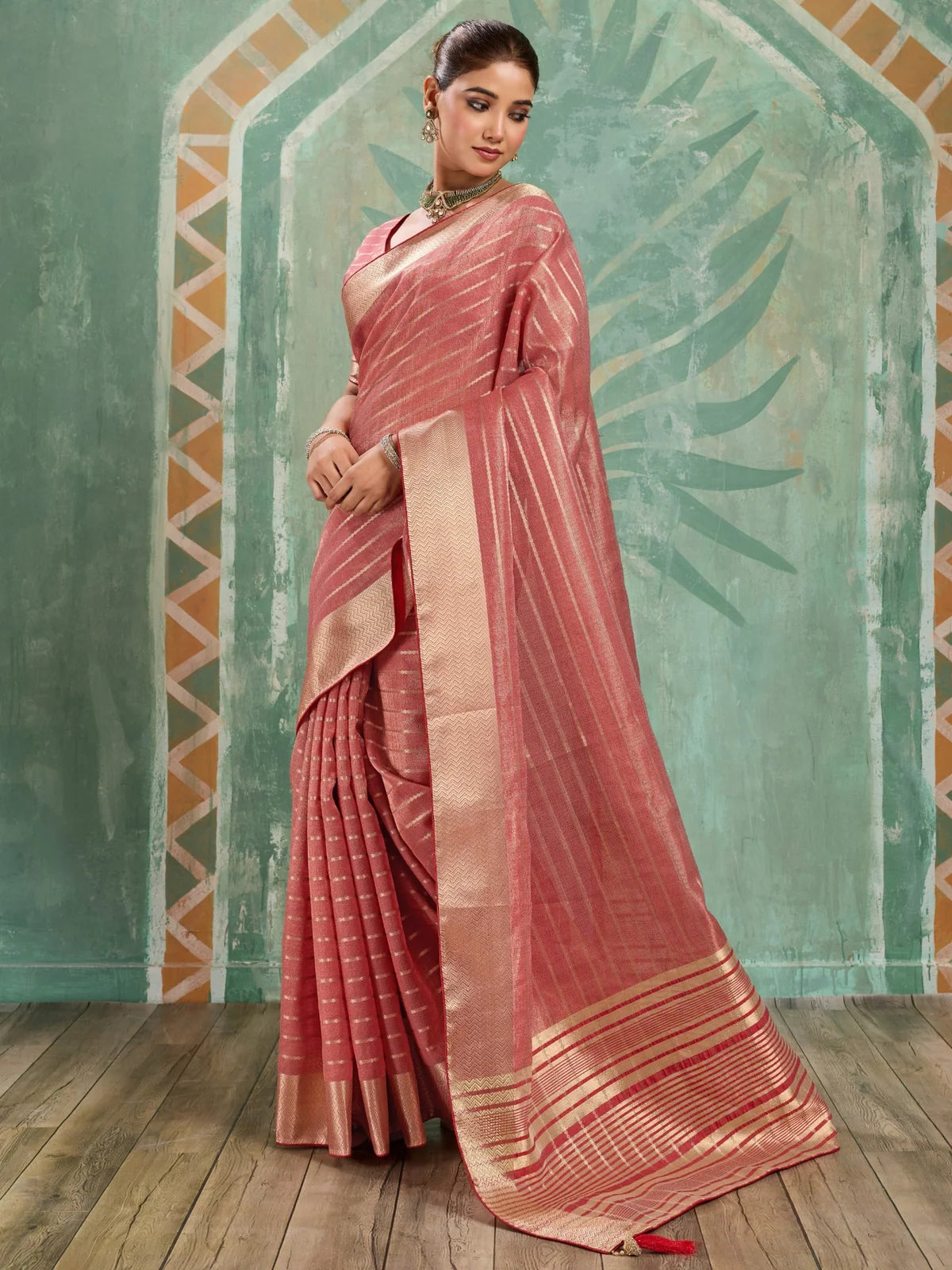 Tarani pink cotton tissue saree with zari woven work side-view Veenika