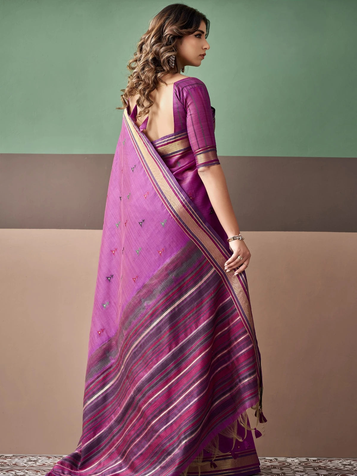 Tarani premium purple cotton weaving saree back view with woven border and blouse