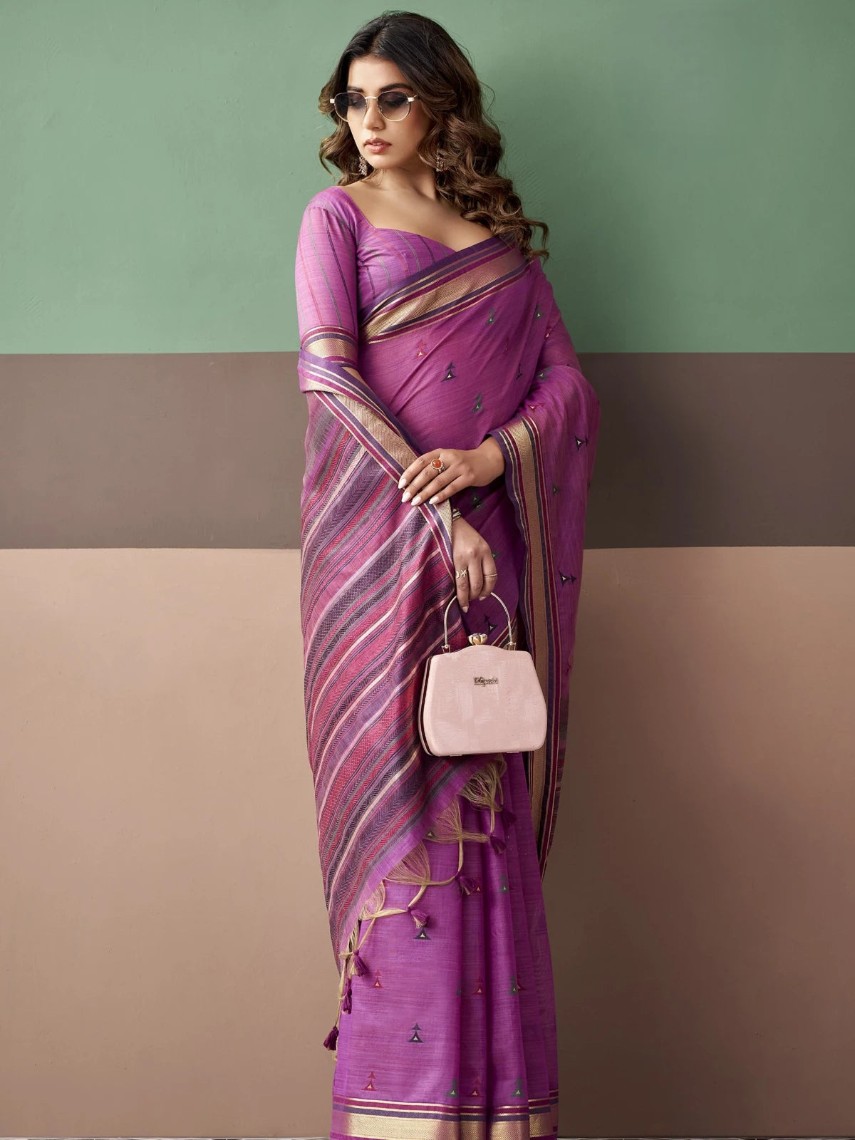 Tarani premium purple cotton weaving saree front view with woven border and blouse