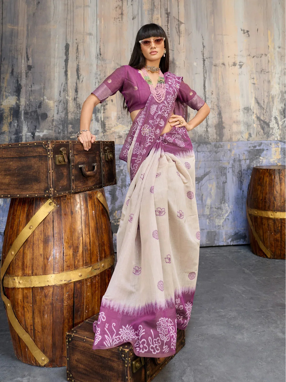 Tarani full view of purple cotton handloom saree with woven floral pallu and matching blouse