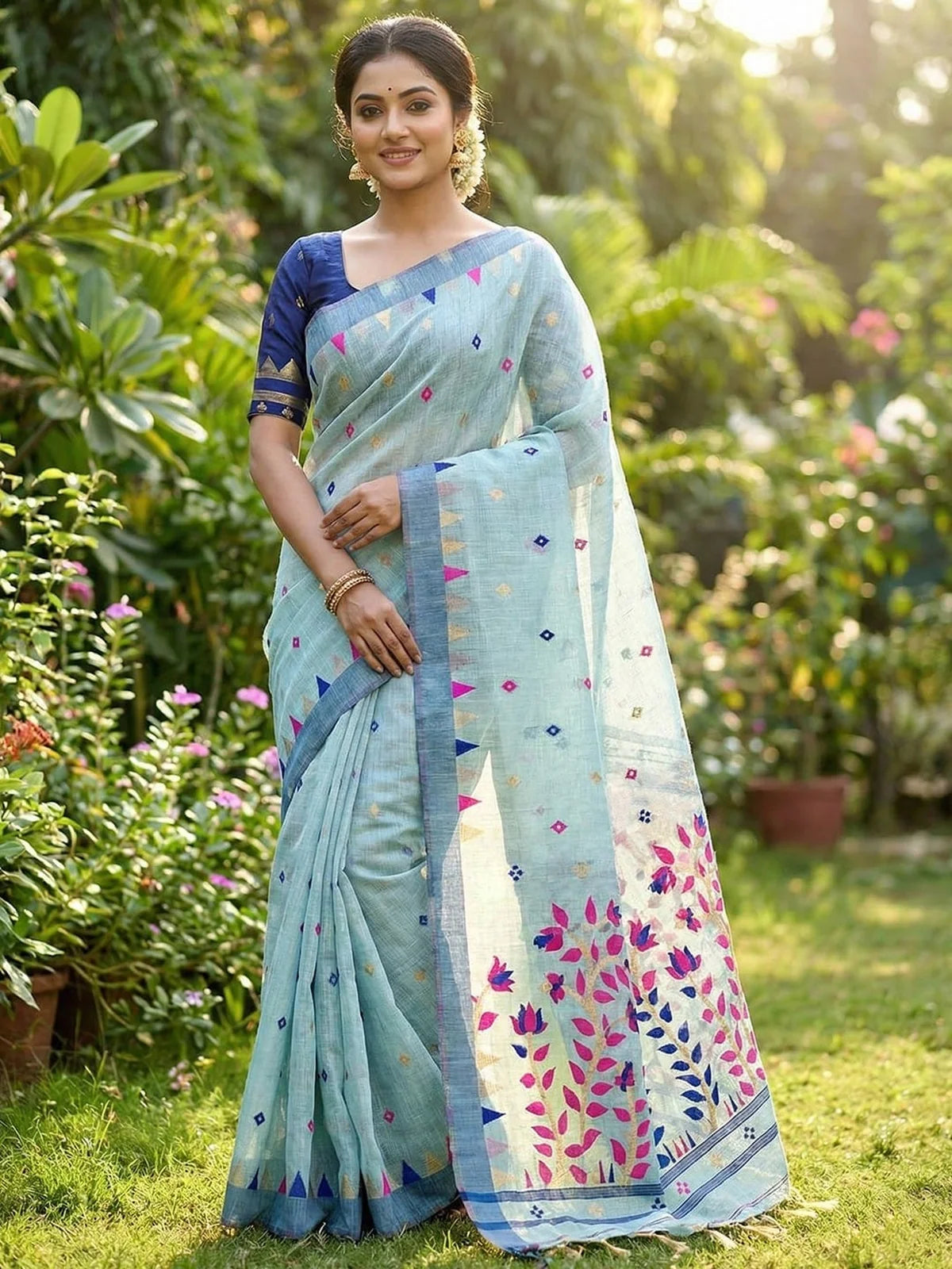 Tarani sky blue soft cotton Jamdani style weaving saree full view with woven motifs and blouse