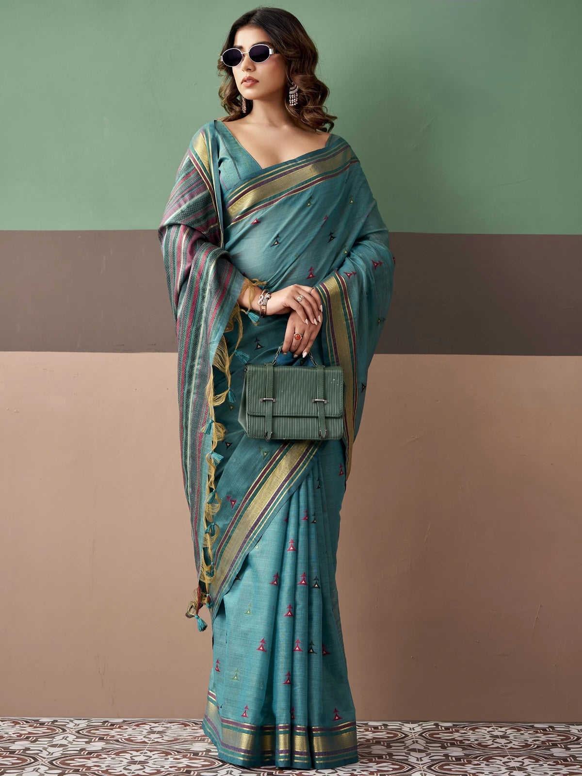 Tarani teal cotton weaving saree front view with elegant woven pallu