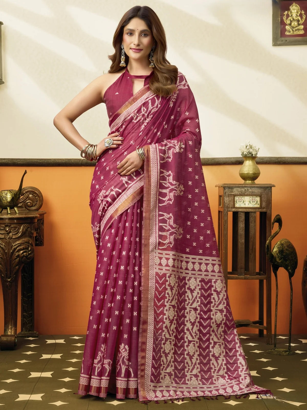 Tarani premium cotton wine saree full view with woven border and jhallar