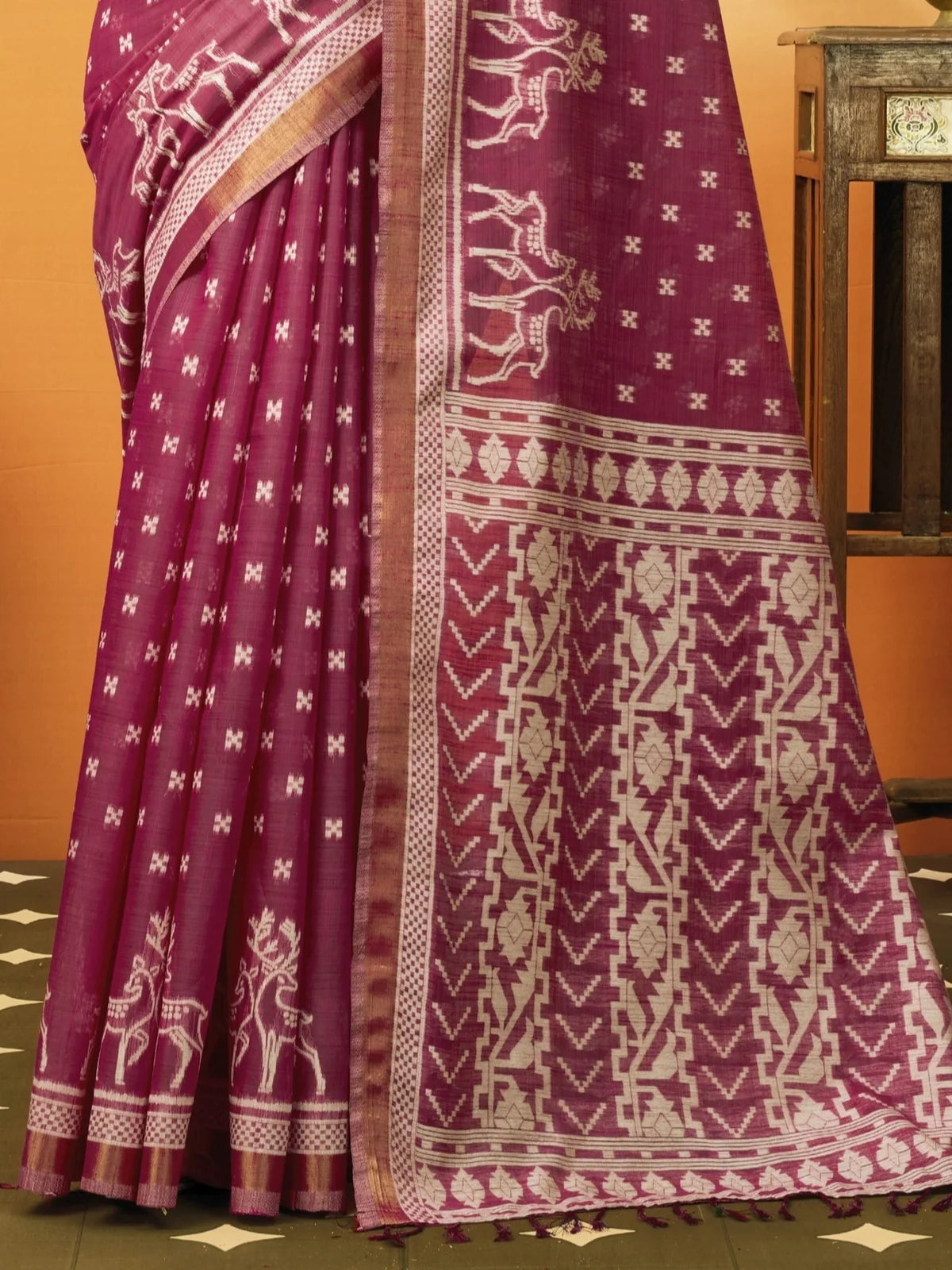 Tarani premium cotton wine saree pallu view with woven motifs and elegant border