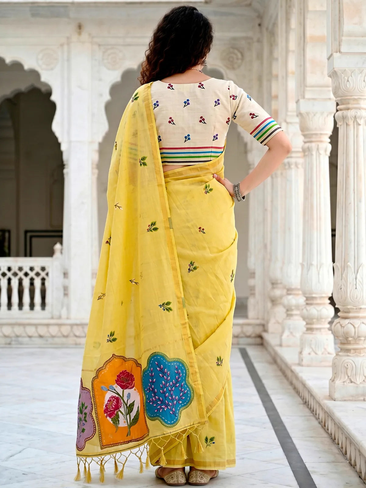 Tarani yellow cotton saree with woven floral work back-view Ramya