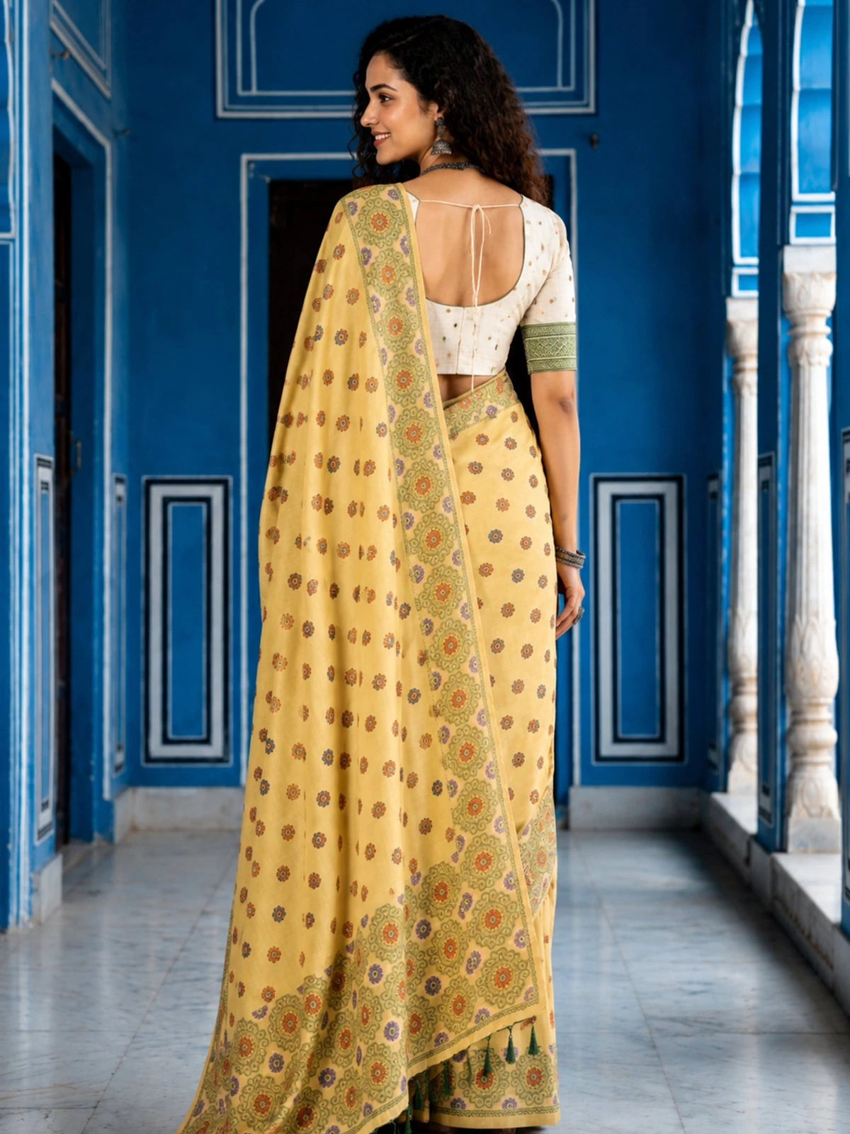Tarani yellow cotton printed saree back blouse view
