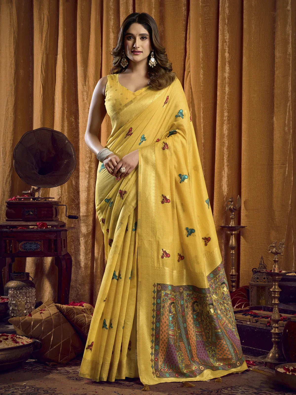 Tarani yellow cotton saree with bird embroidery and Madhubani pallu front view