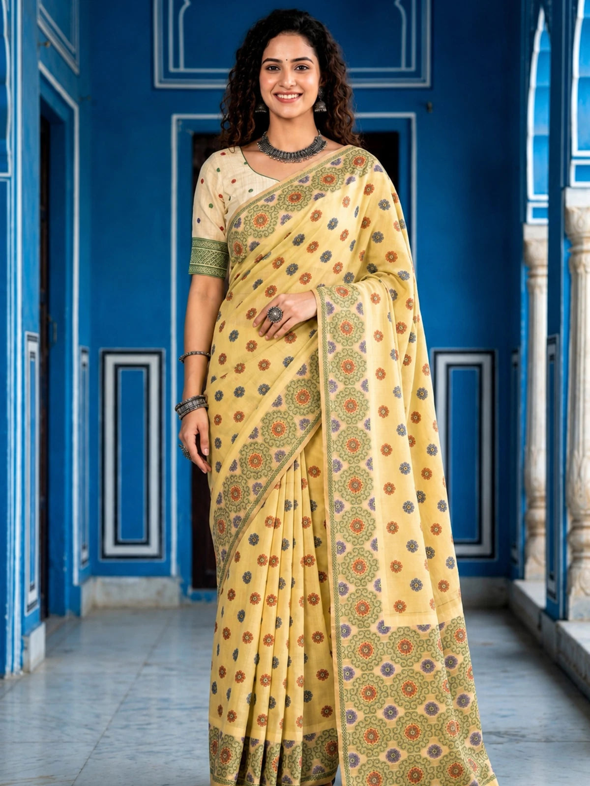 Tarani yellow cotton printed saree full front view with unstitched blouse
