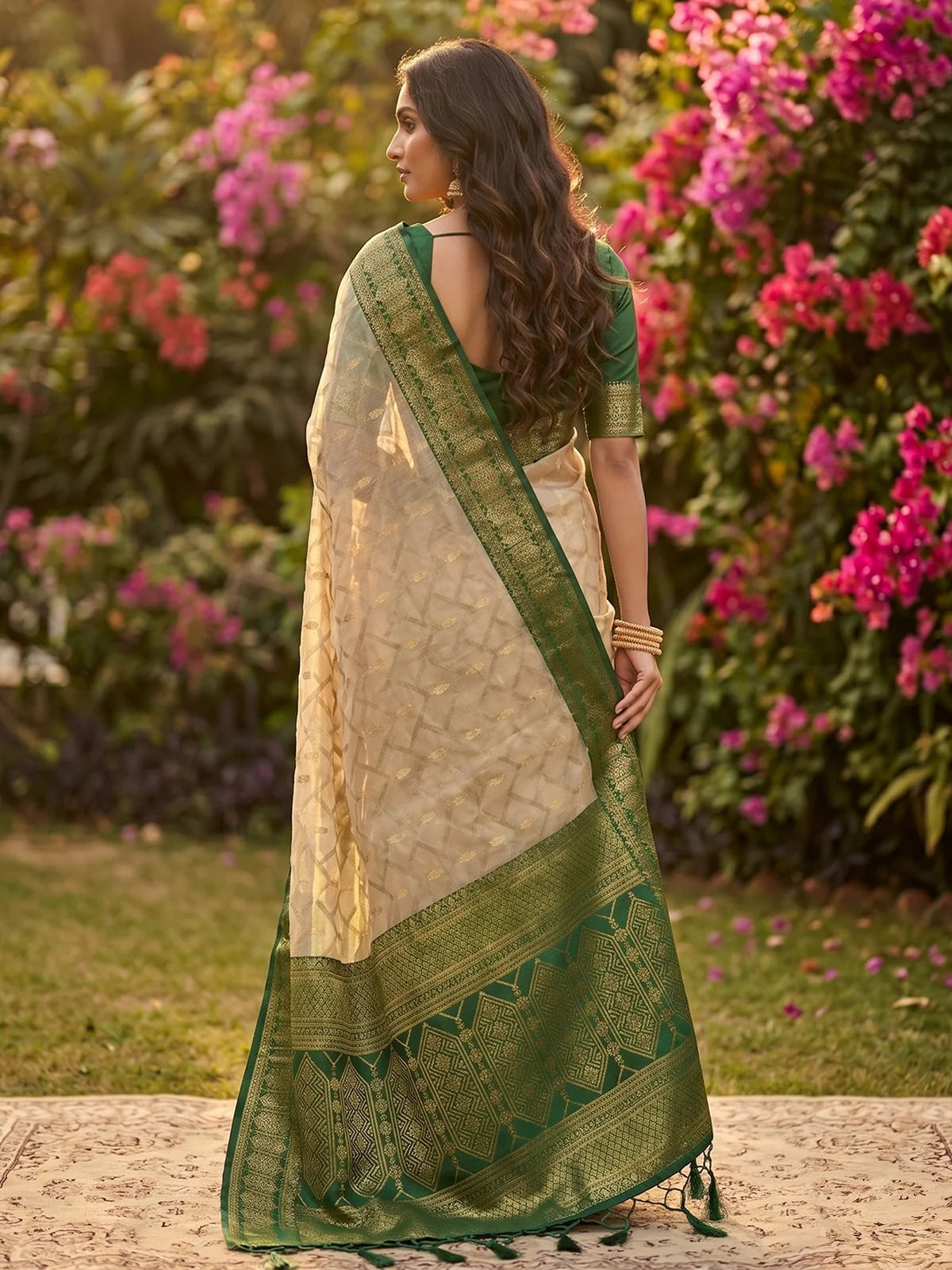Tarani beige and green cotton silk zari border saree back view with rich woven pallu design