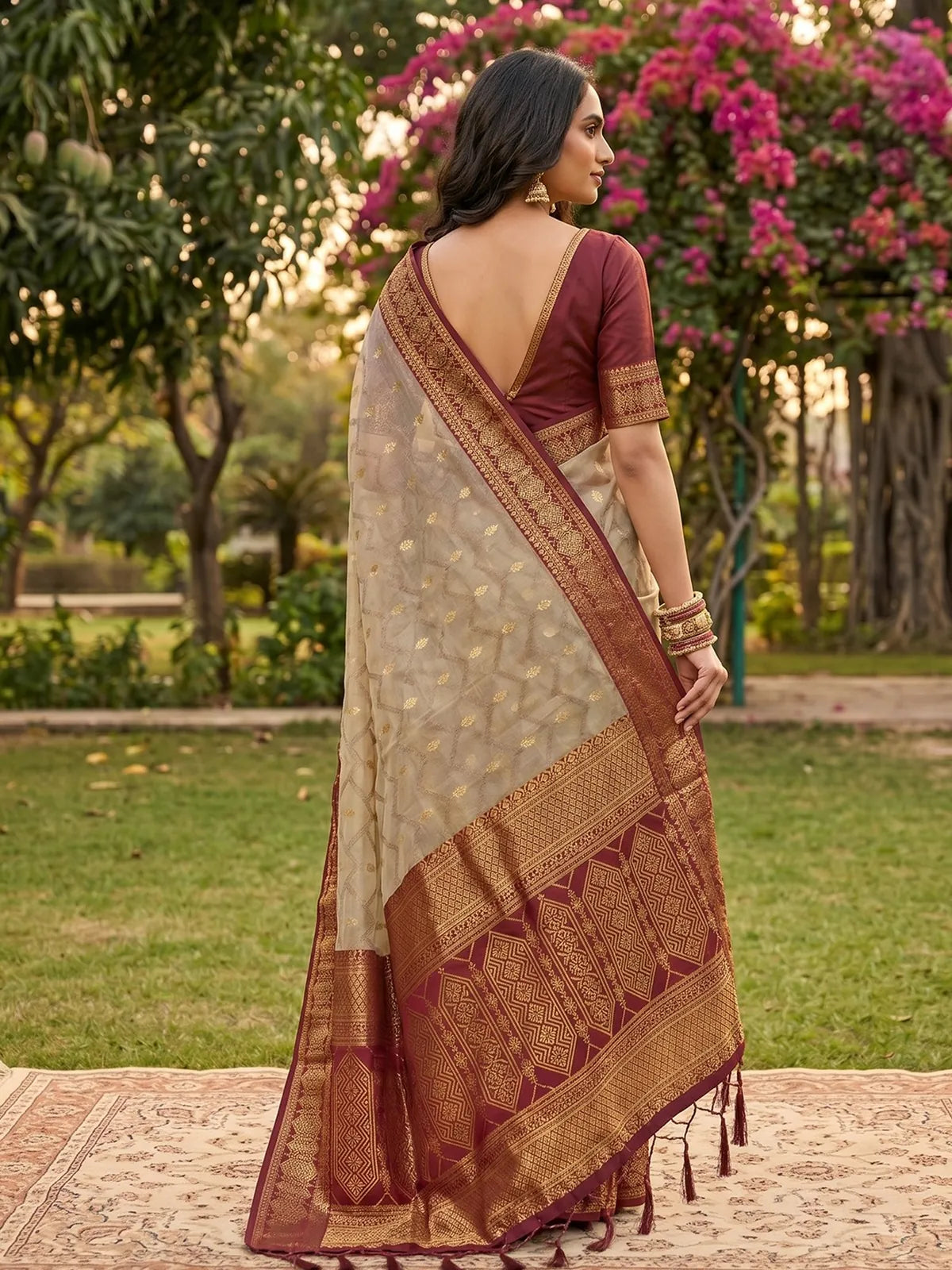 Tarani beige cotton silk zari border saree back view with traditional pallu detailing
