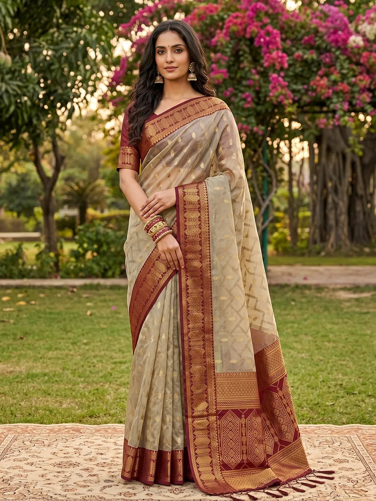 Tarani beige and brown cotton silk zari border saree front view for festive and ceremonial wear
