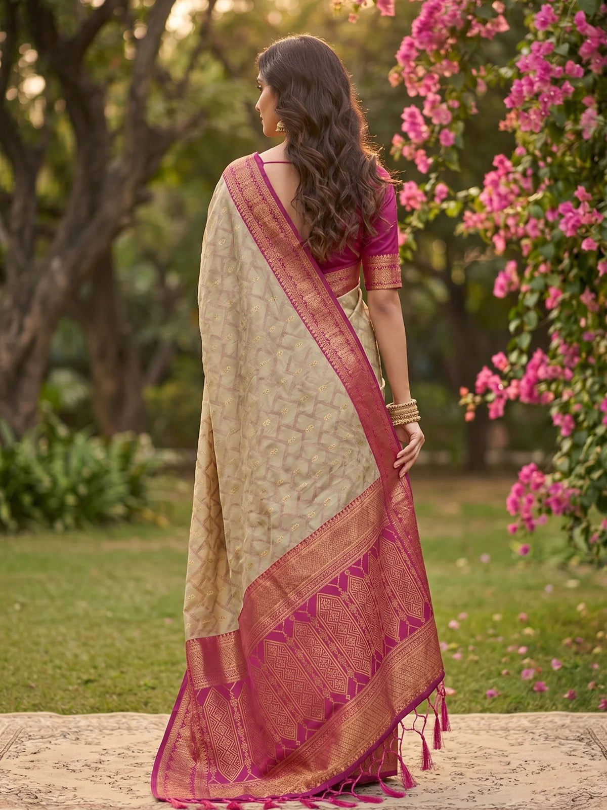 Tarani beige and pink cotton silk saree back view showcasing woven zari pallu and tassels