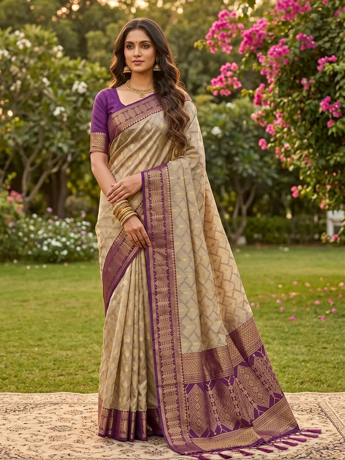 Tarani beige and purple cotton silk zari border saree full front view for festive occasions