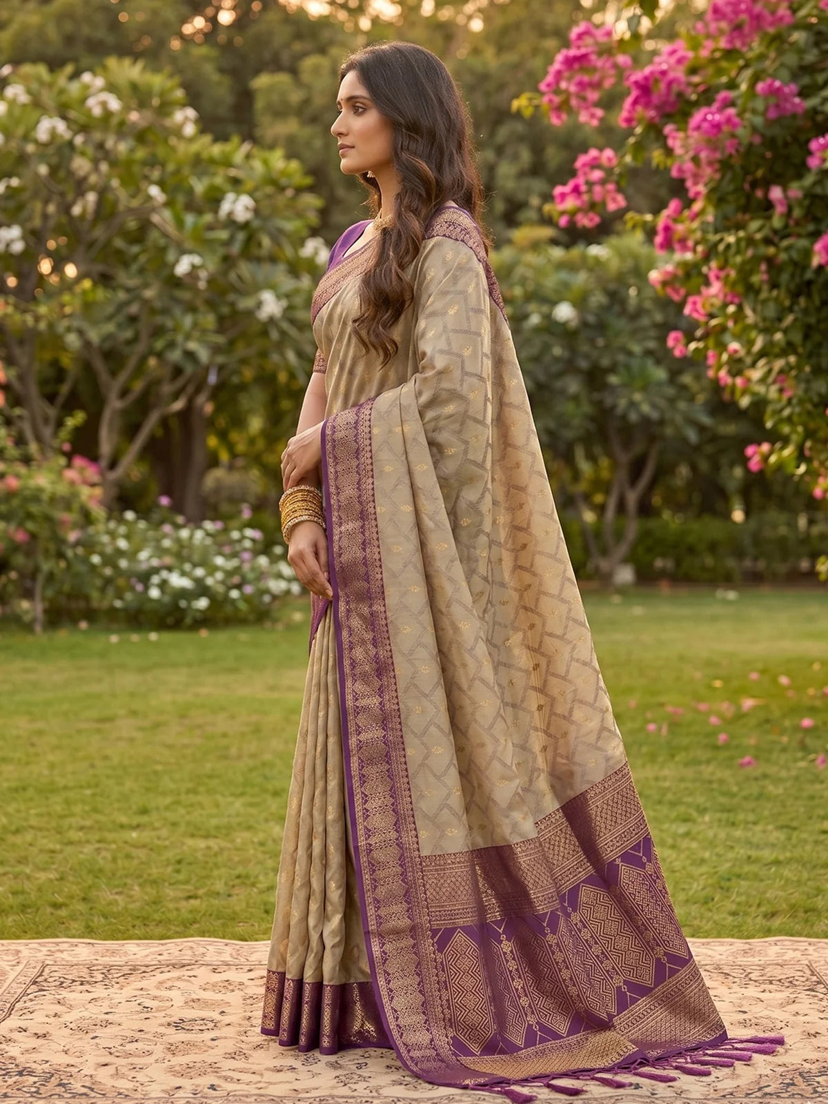 Tarani beige and purple cotton silk zari border saree side drape view with elegant fall