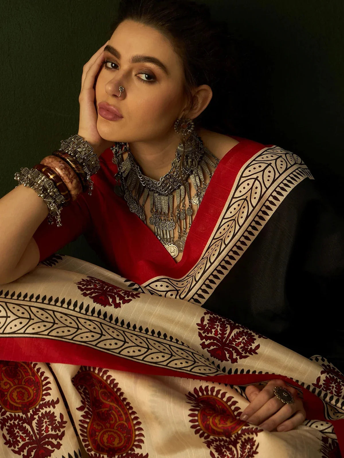 Tarani elegant black cotton silk saree upper body view showing intricate detailing