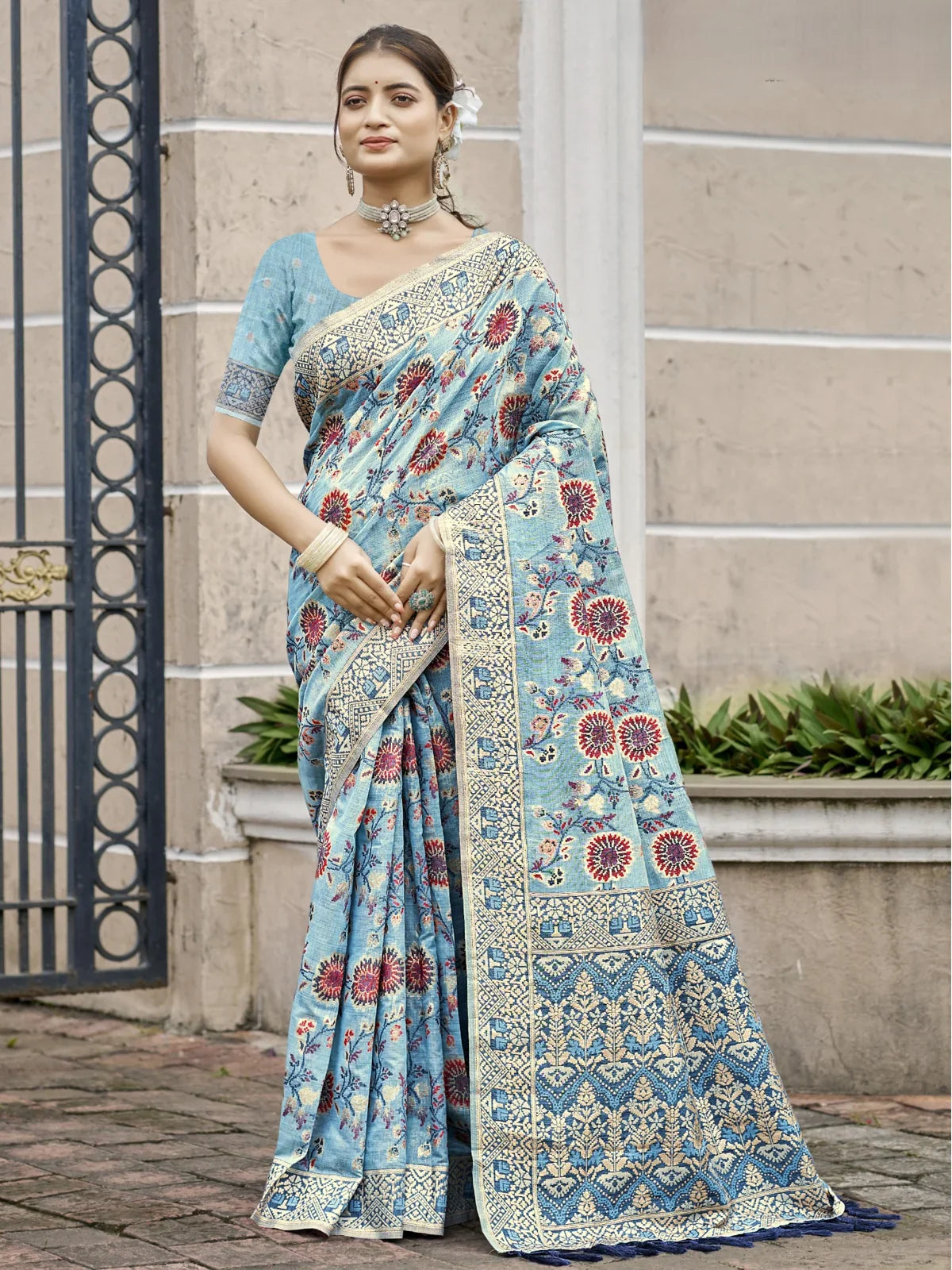 Tarani premium blue cotton silk saree with meenakari floral work for festive and wedding occasions