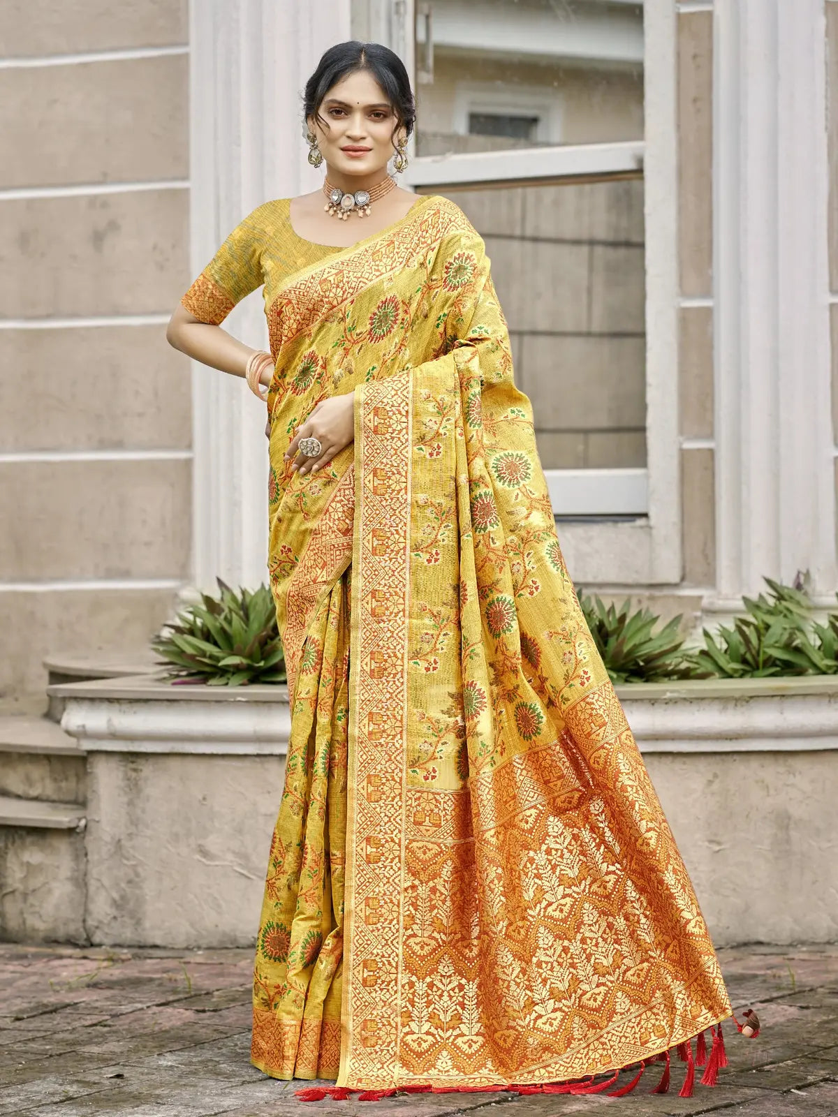 Tarani green cotton silk saree with meenakari floral work and matching blouse for festive occasions