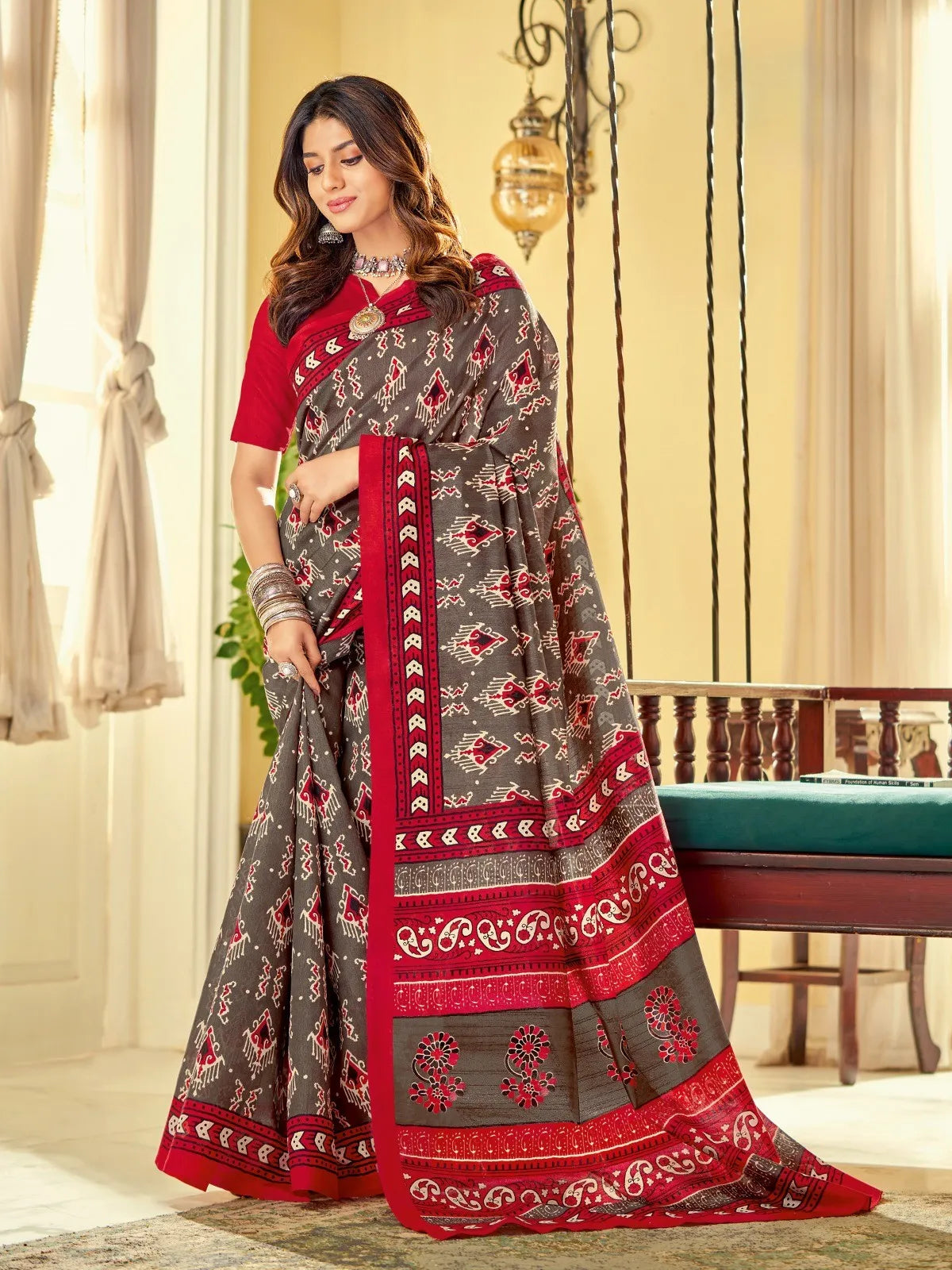 Tarani elegant grey cotton silk saree full view with red border and woven motifs