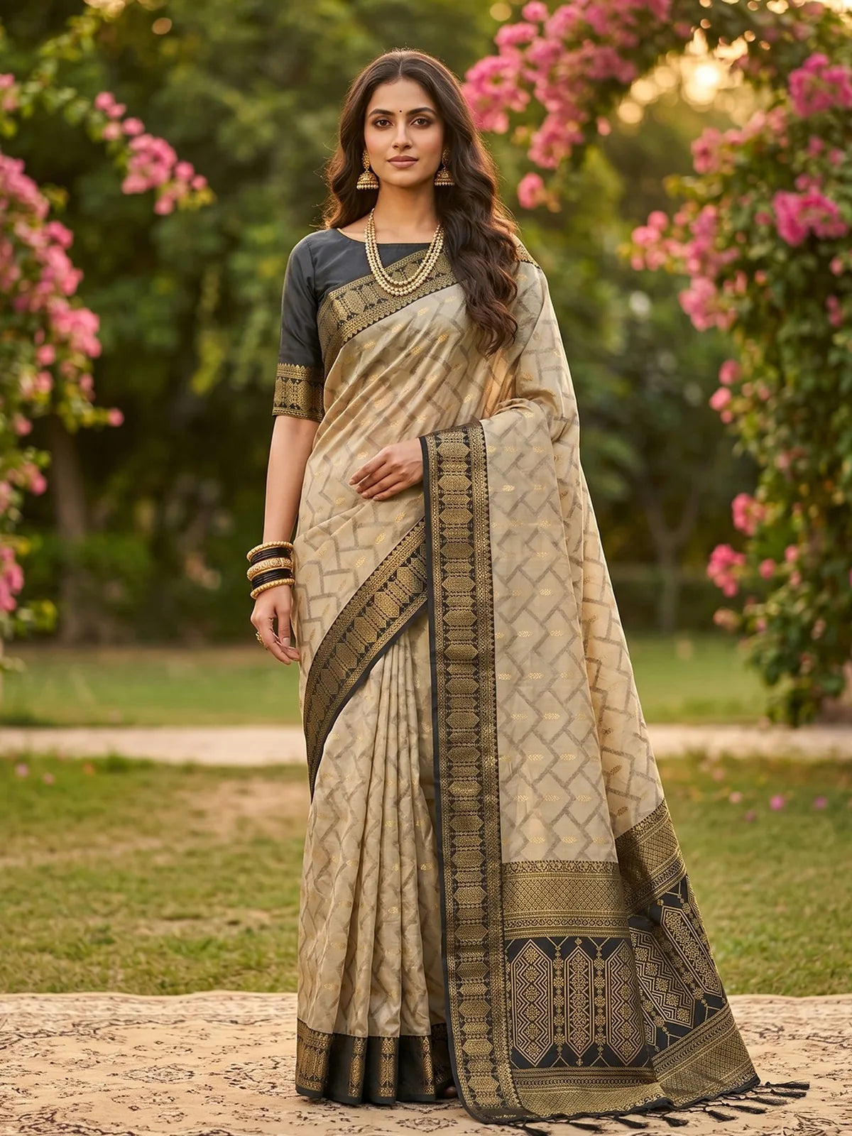 Tarani beige and black cotton silk zari border saree full front view with blouse piece for festive wear