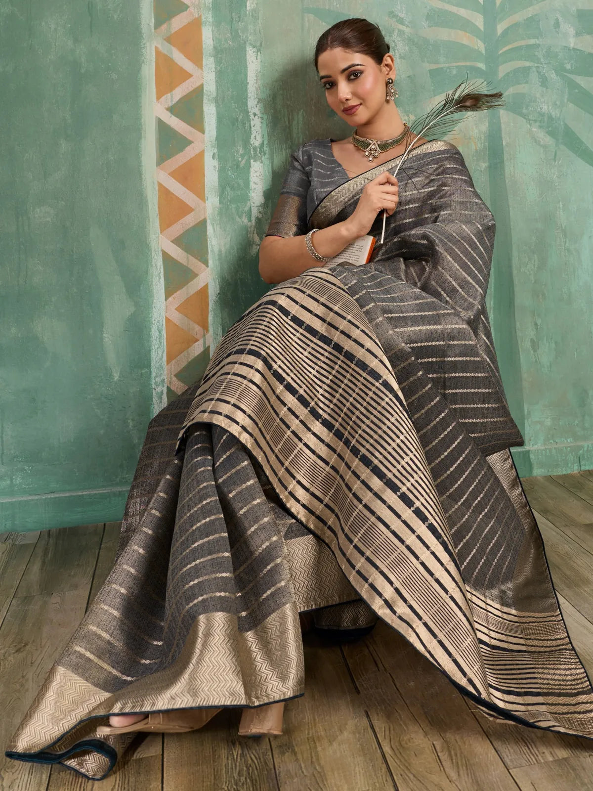 Tarani grey cotton tissue saree front-view with zari woven work