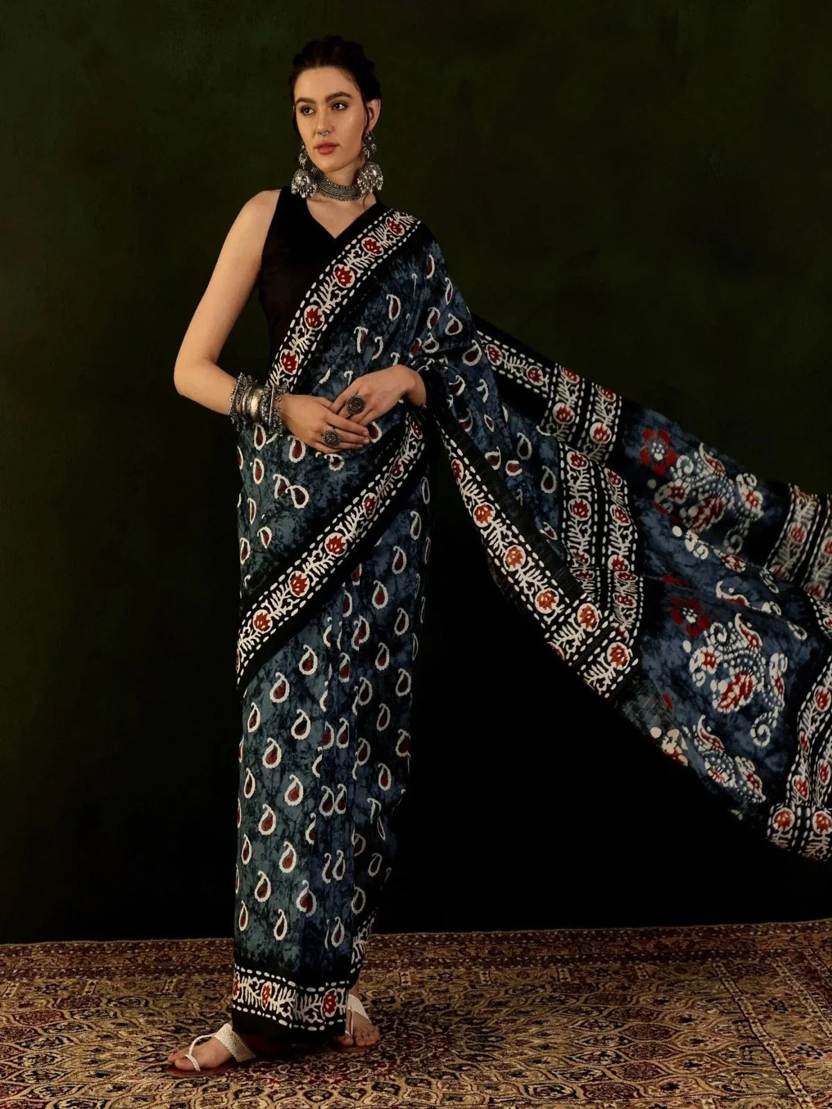Tarani premium blue cotton crape saree full view with ethnic print and matching blouse
