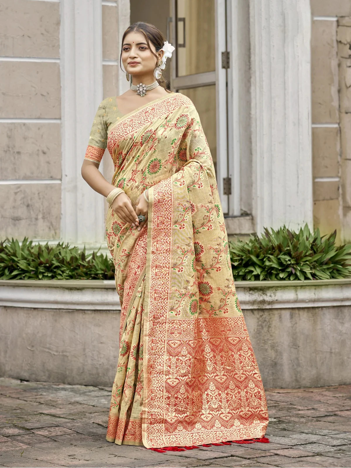 Tarani green cotton silk saree with red meenakari design and elegant pallu, perfect for wedding and festive wear
