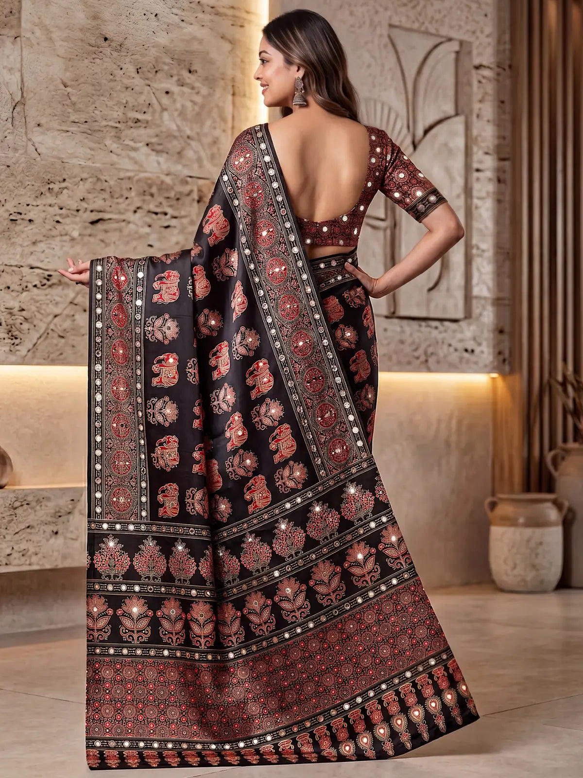 Tarani black Crap Silk saree back blouse view with Digital Ajrakh Print and mirror work