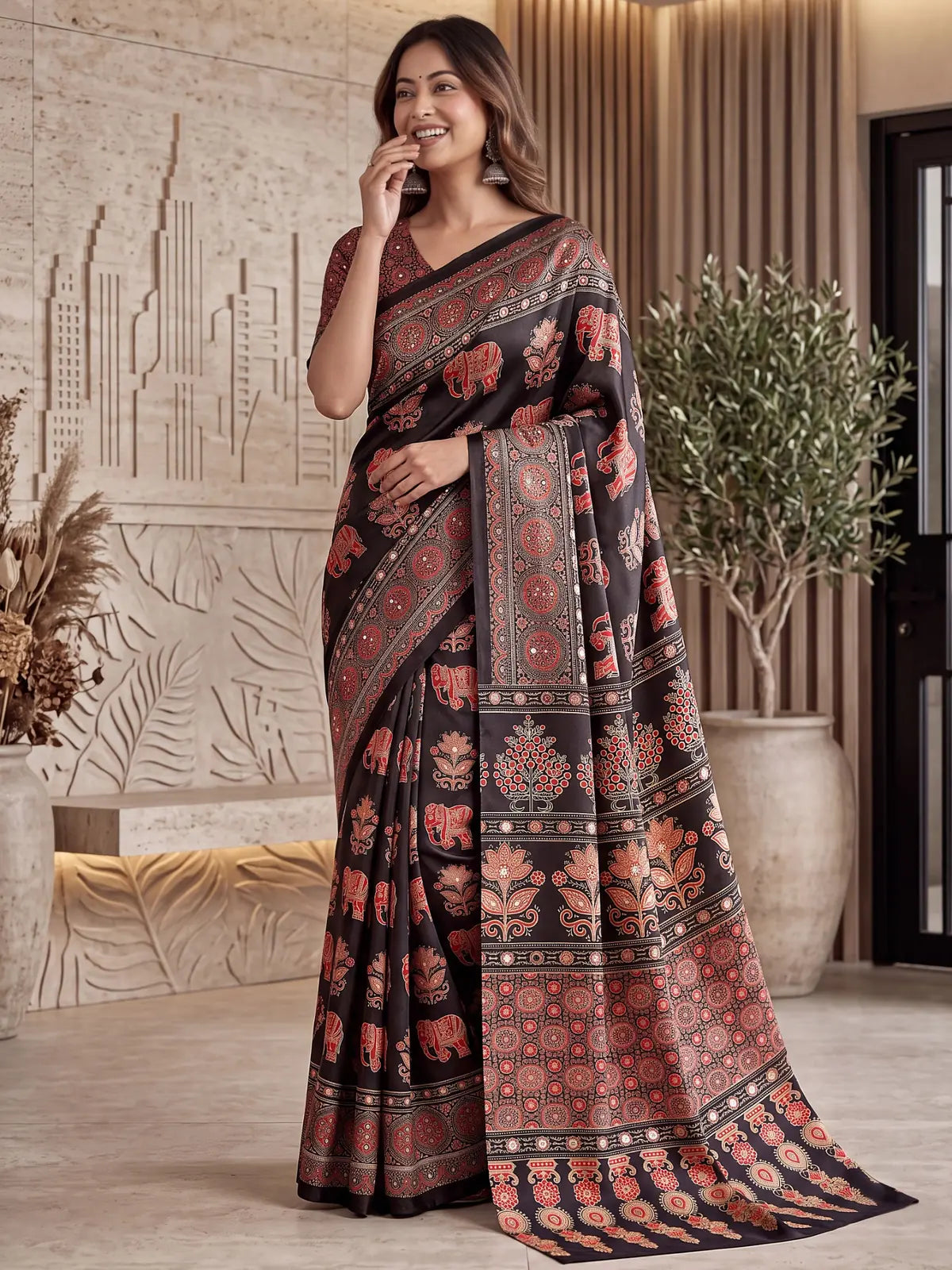 Tarani black Crap Silk saree elegant front pose showing pallu and border
