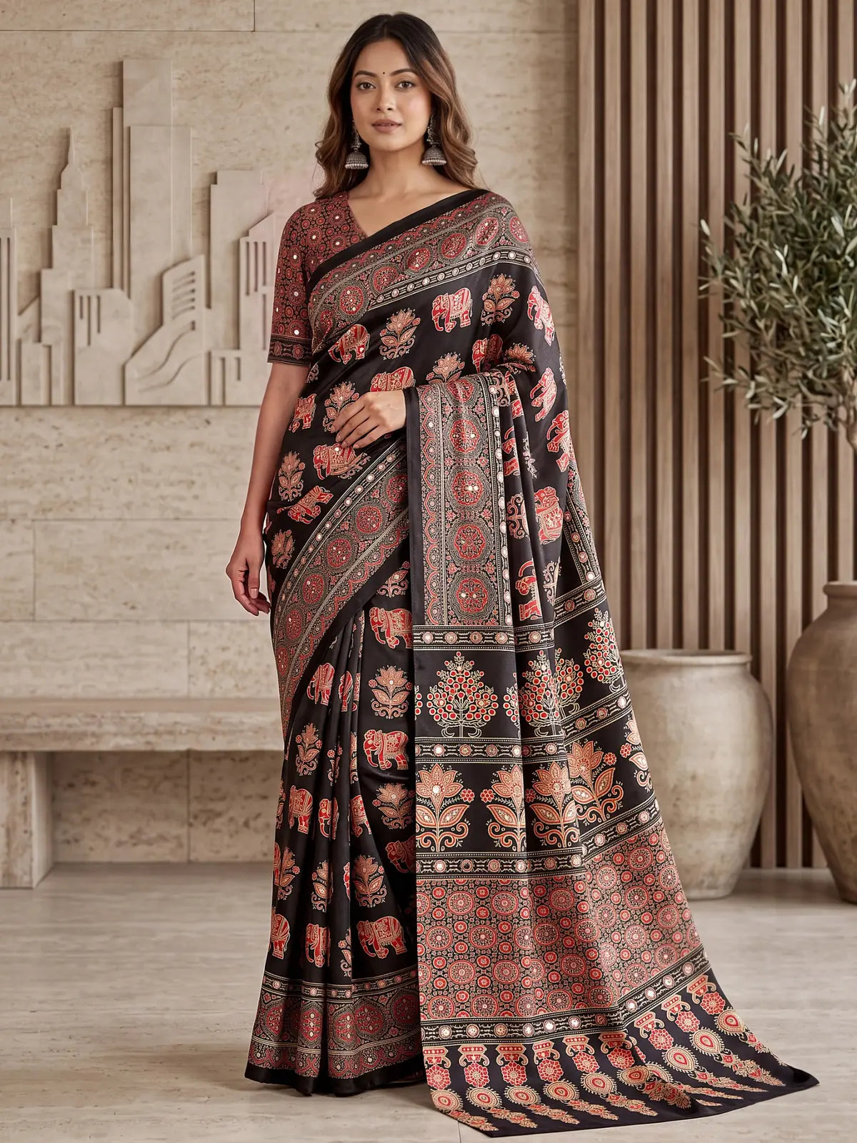 Tarani black Crap Silk saree with Digital Ajrakh Print and Real Mirror full front view
