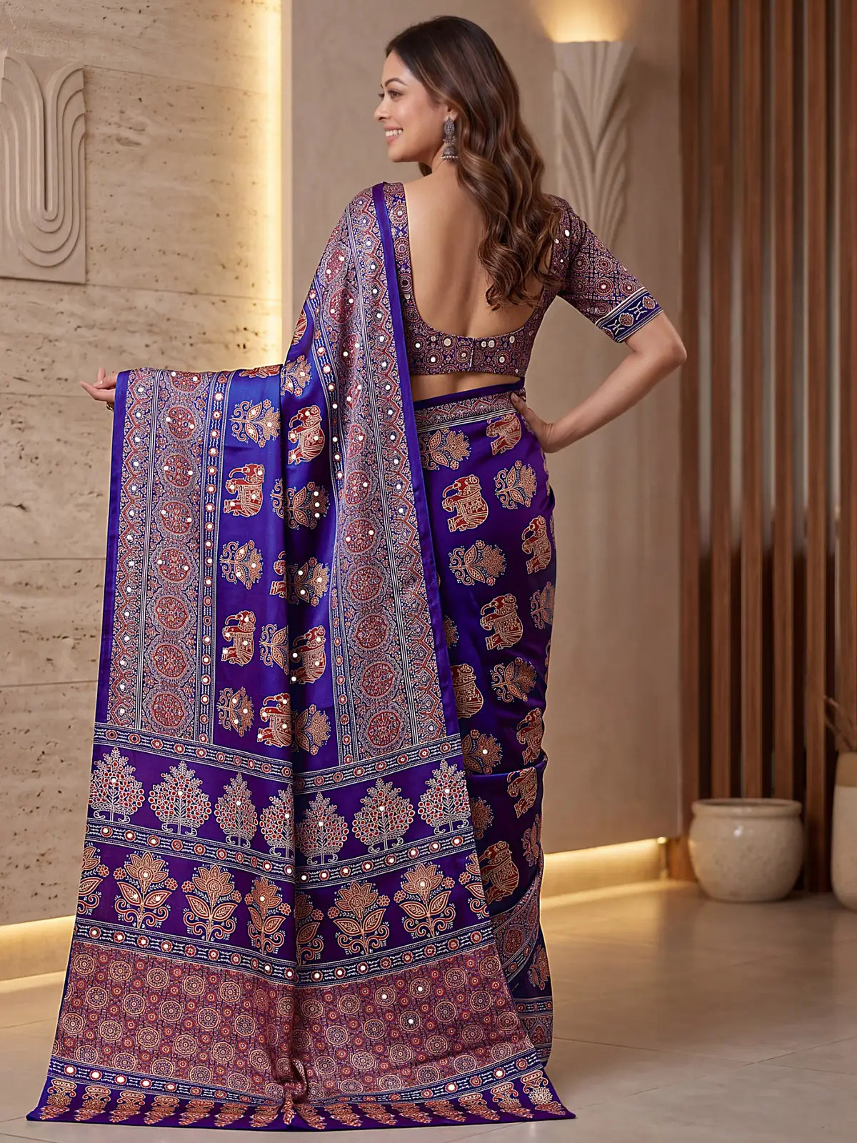 Tarani blue Crap Silk saree back view with blouse design