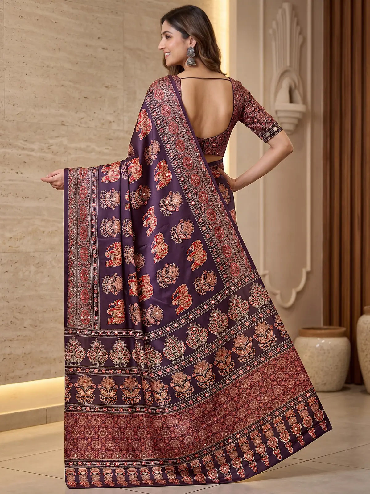 Tarani purple Crap Silk saree back blouse view with printed pallu
