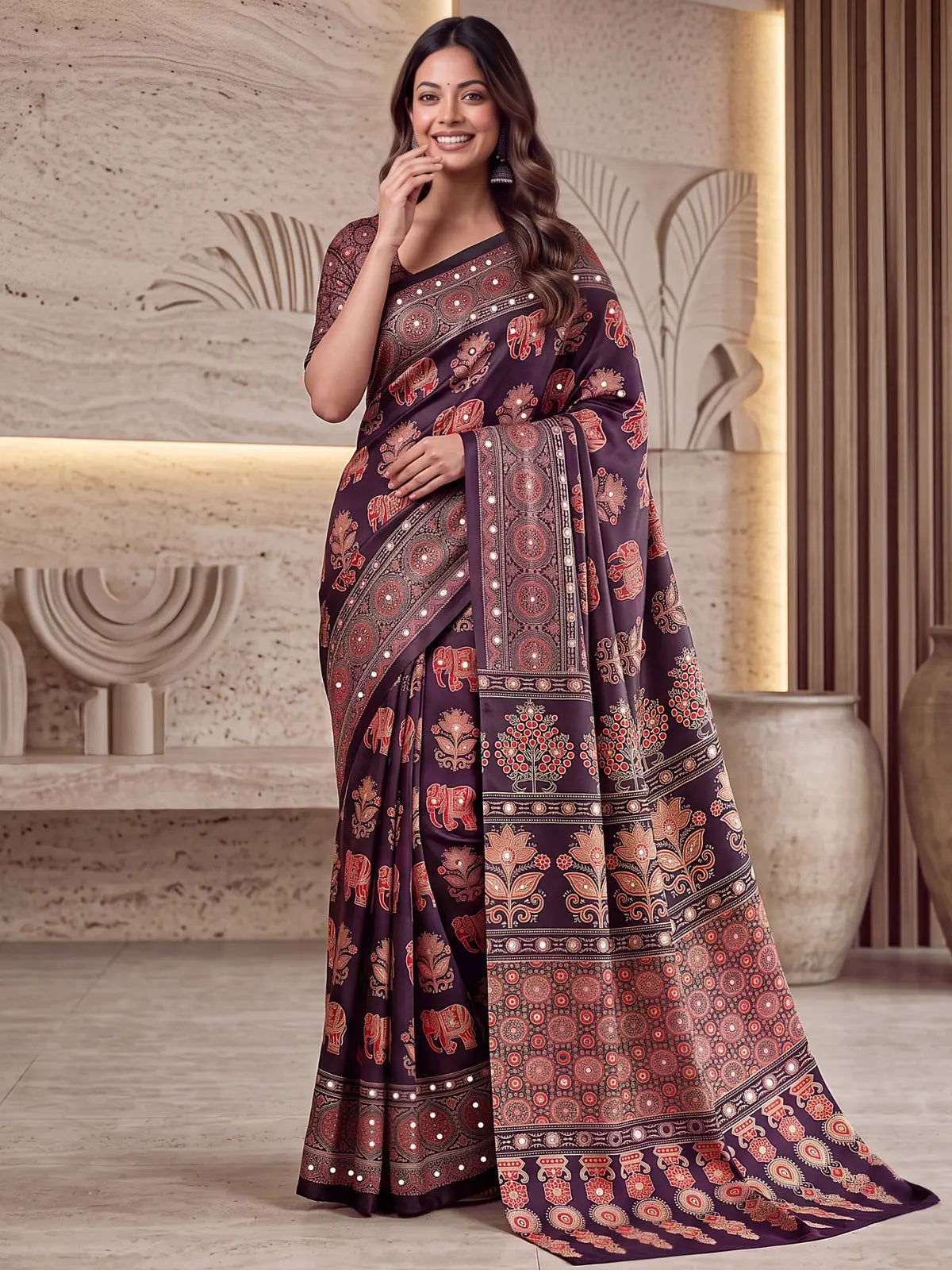 Tarani purple Crap Silk saree front view highlighting elegant pallu and border