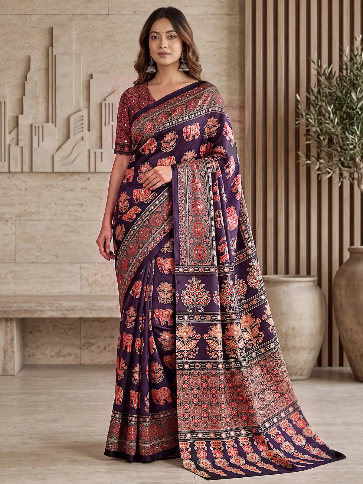 Tarani purple Crap Silk saree with Digital Ajrakh Print and real mirror work full front view