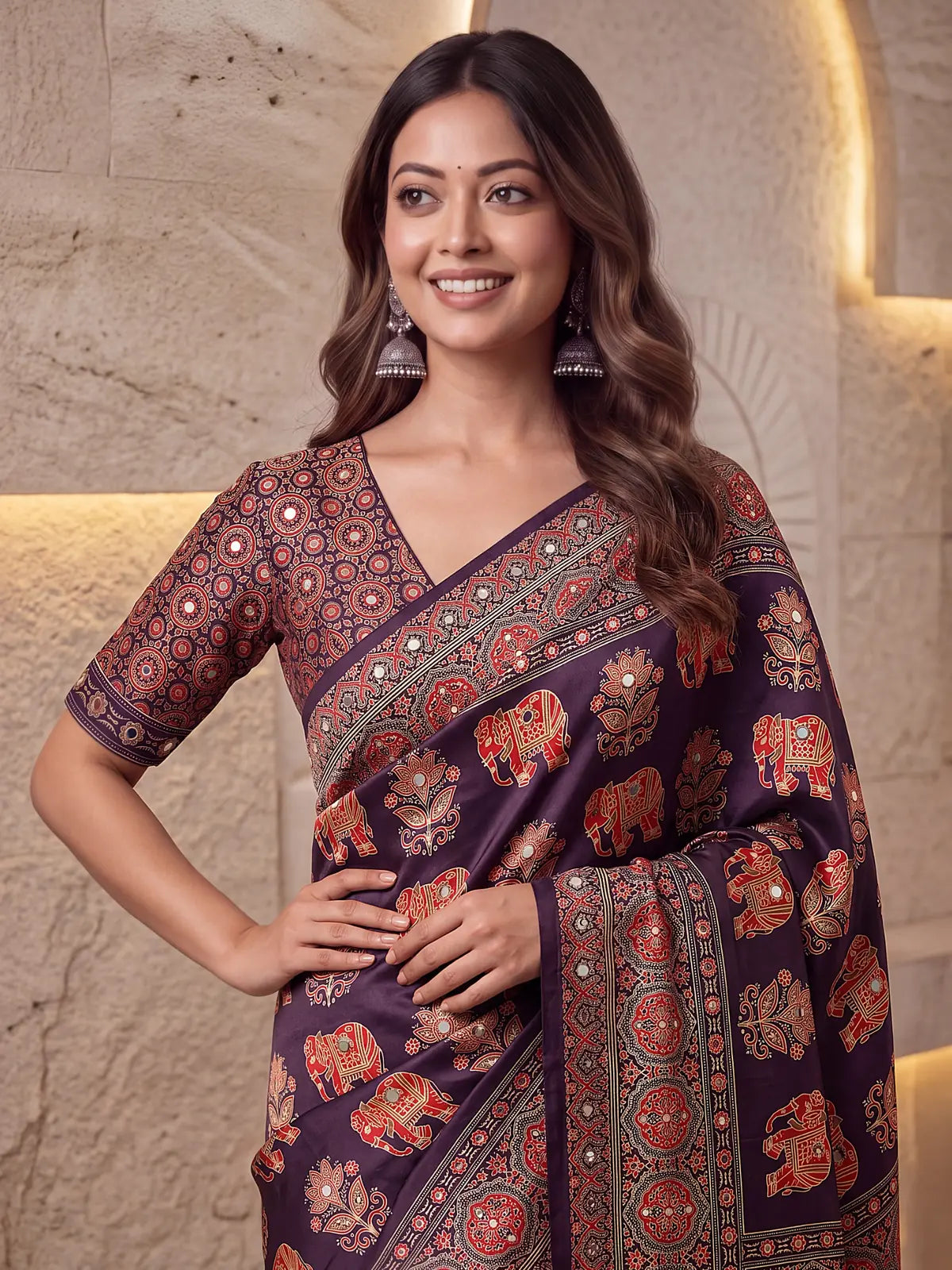 Tarani purple Crap Silk saree upper body view with Ajrakh printed blouse and mirror work