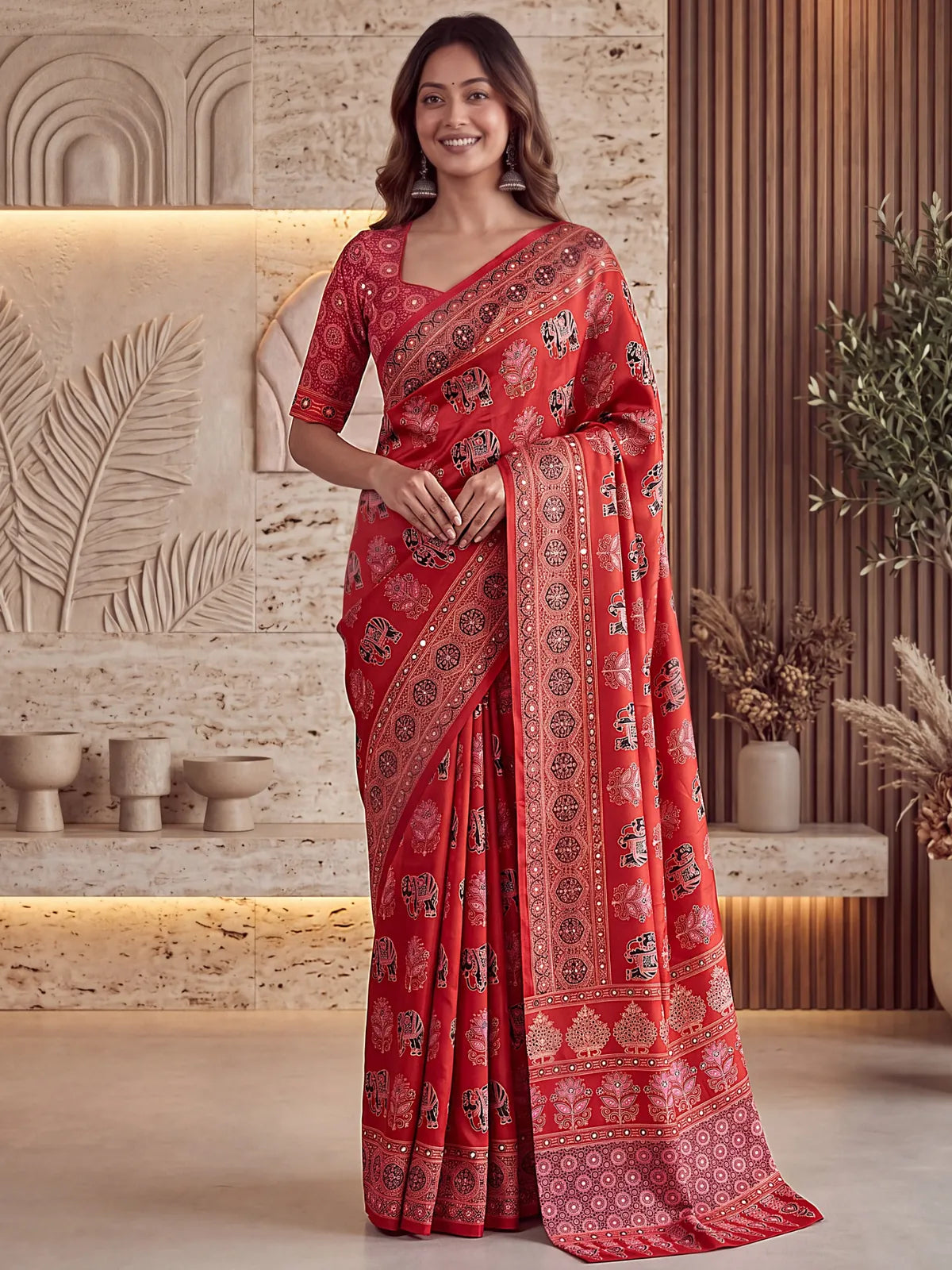 Tarani red Crap Silk saree full view with Digital Ajrakh Print and real mirror work