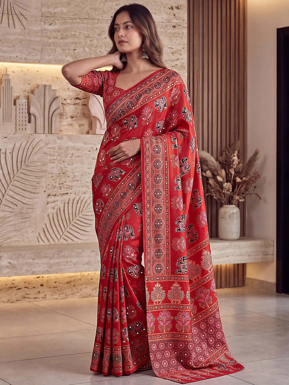 Tarani red Crap Silk saree side view showing drape