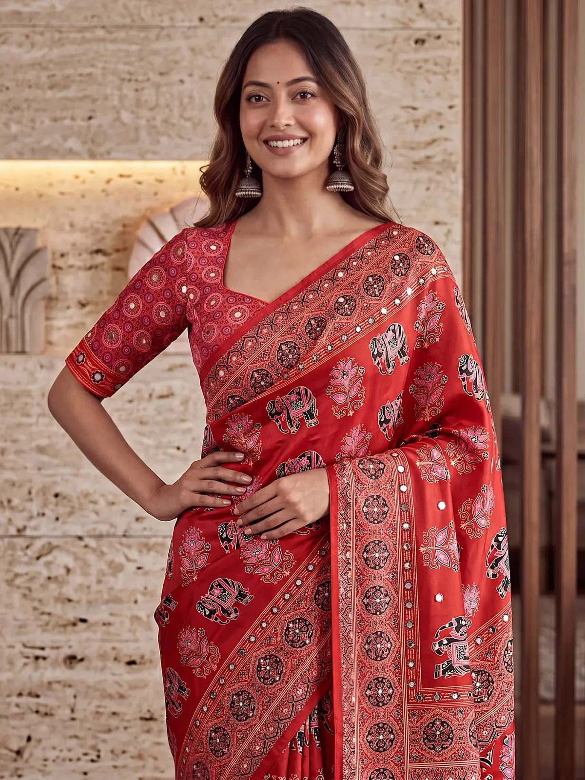 Tarani red Crap Silk saree upper body view with Ajrakh print