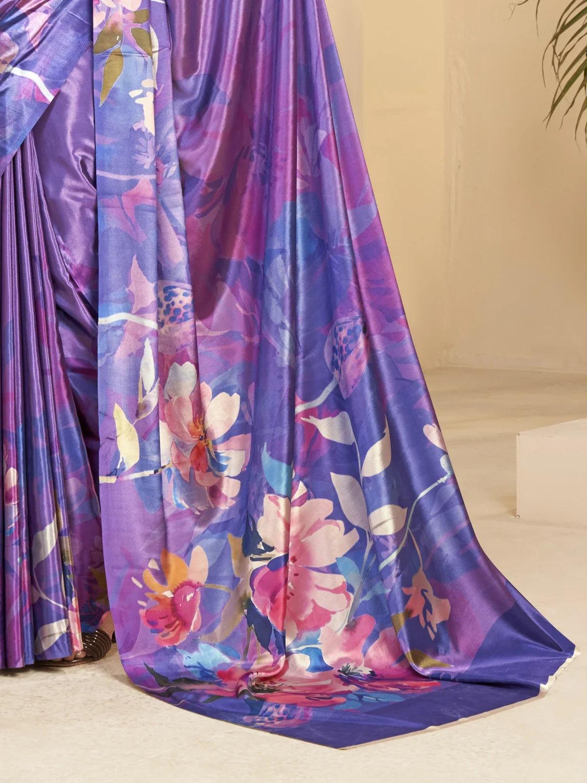 Tarani crepe saree in purple with floral digital pallu design