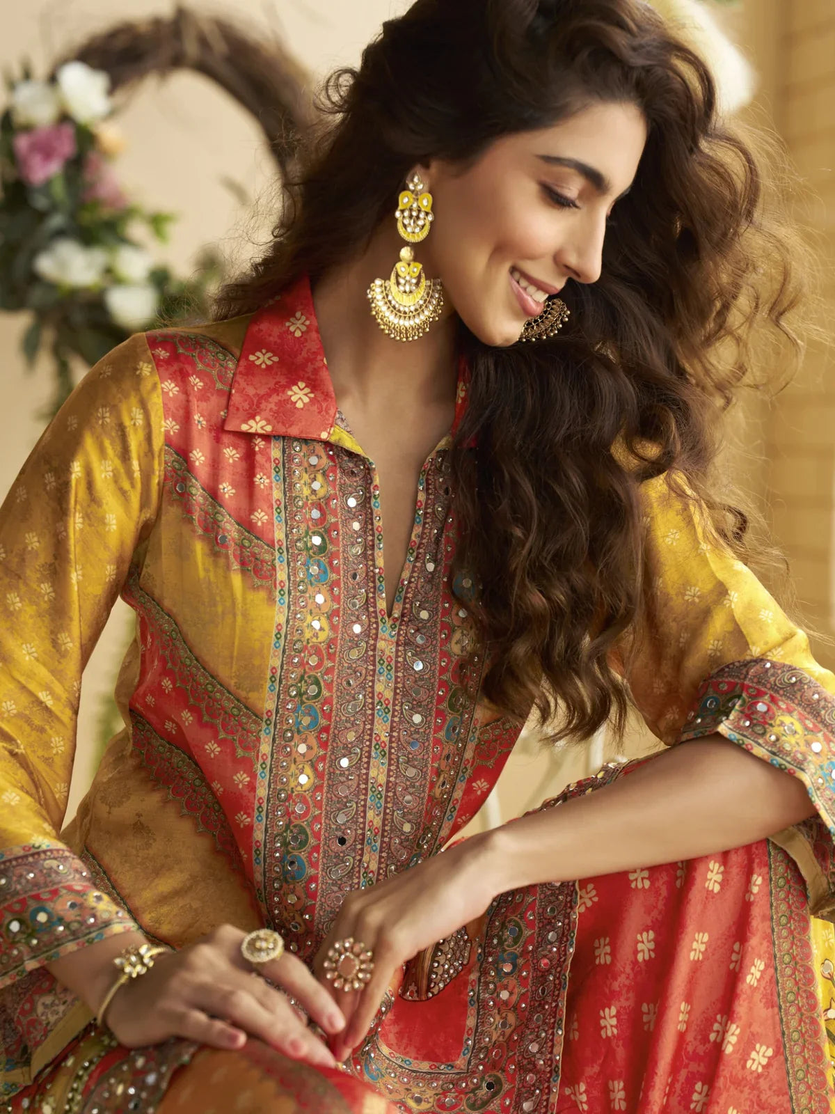 Tarani red crape silk digital print co ord set closeup view showing embroidery and mirror work