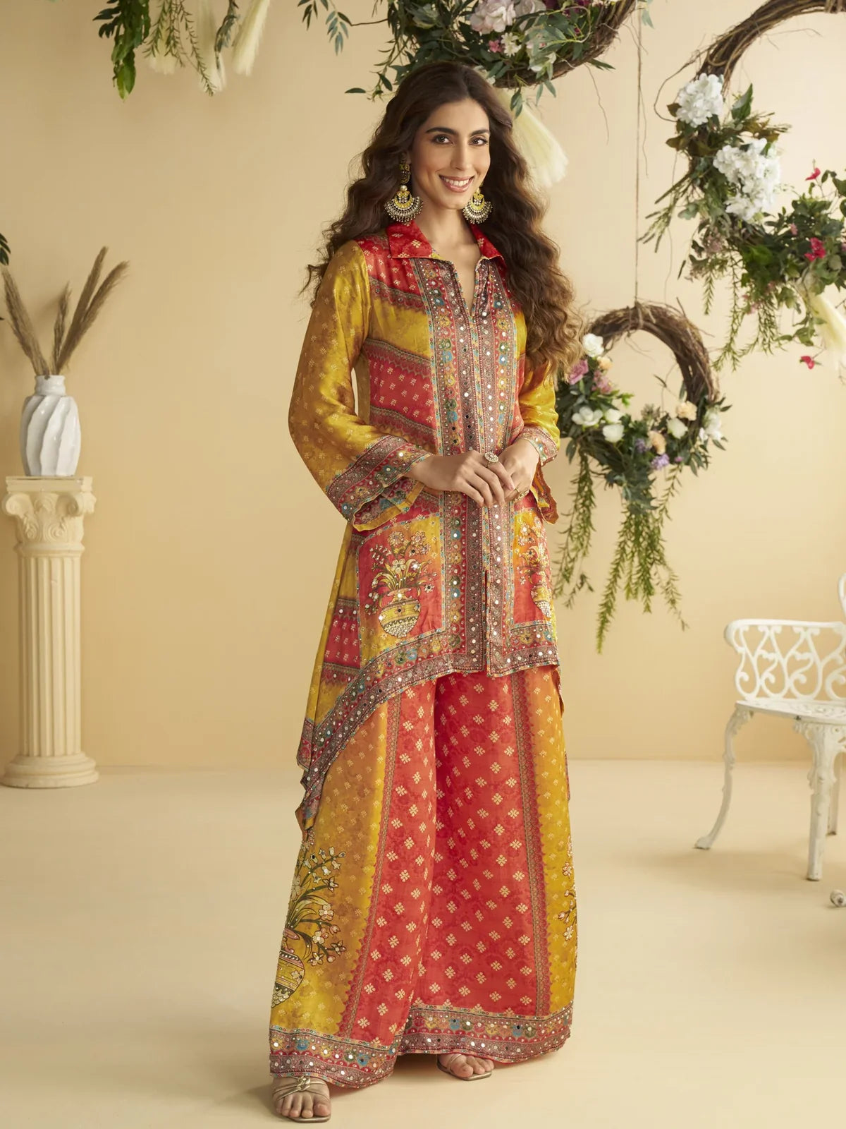 Tarani red crape silk digital print co ord set full view with festive ethnic design