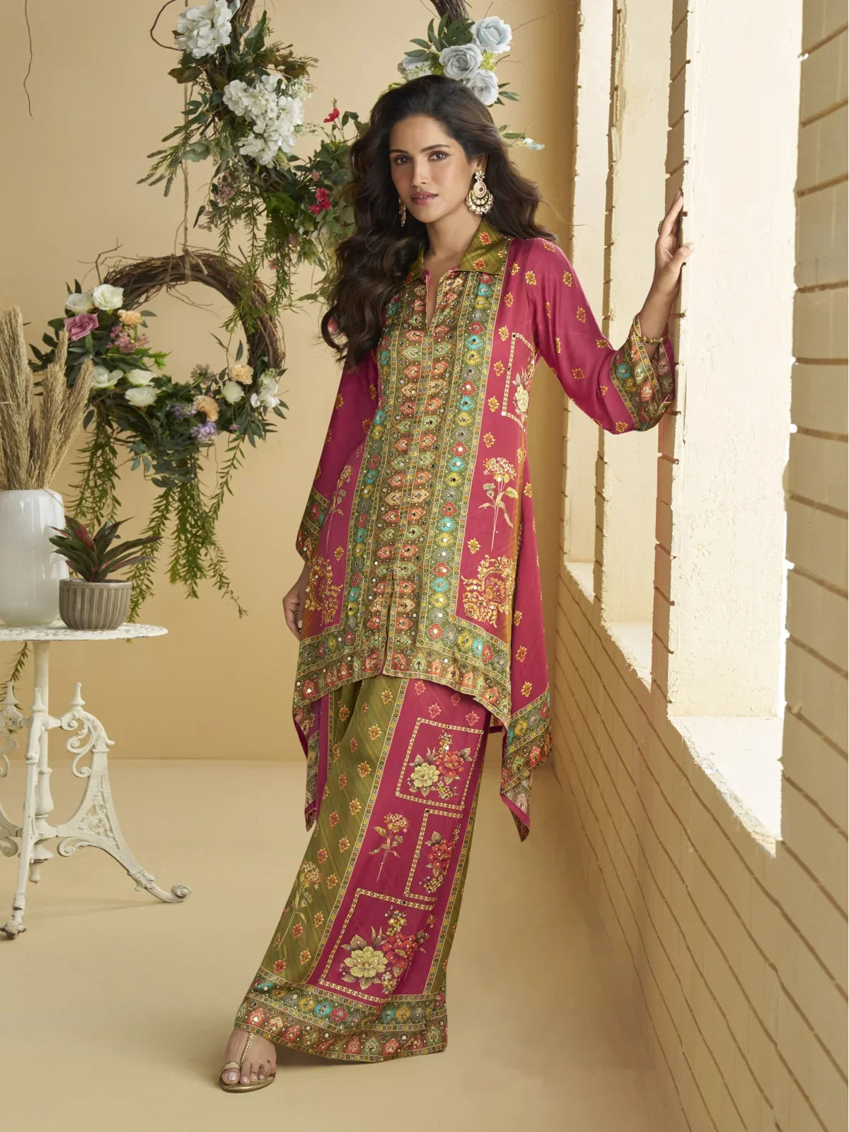 Tarani magenta crape silk digital print co ord set full view for festive wear