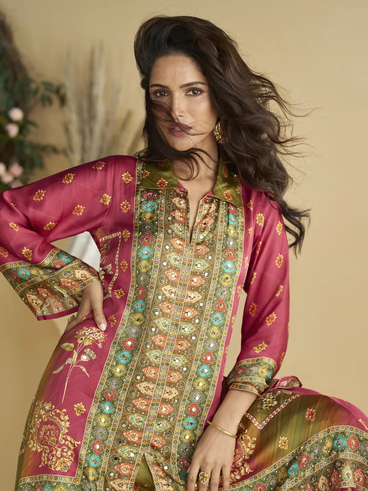 Tarani magenta crape silk digital print co ord set upper body view with elegant details