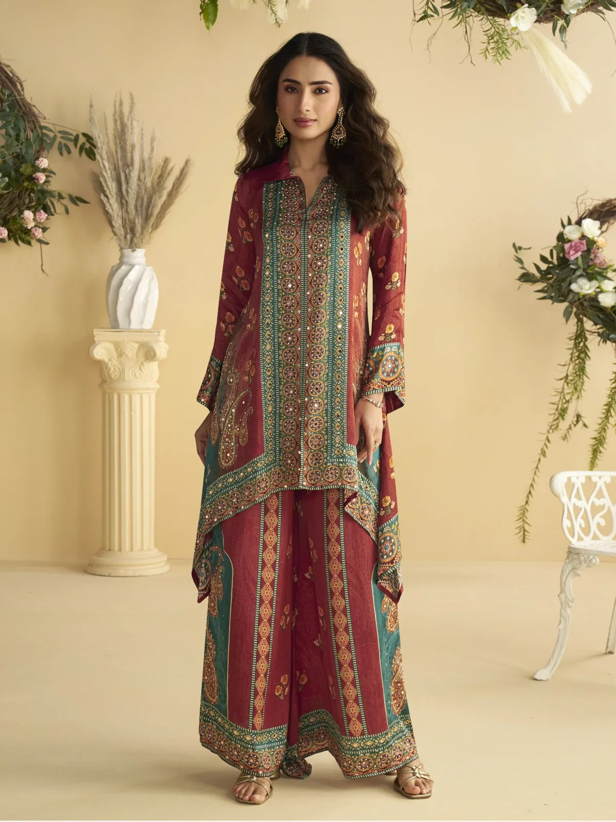 Tarani maroon crape silk co-ord set full view with kurta and palazzo pants