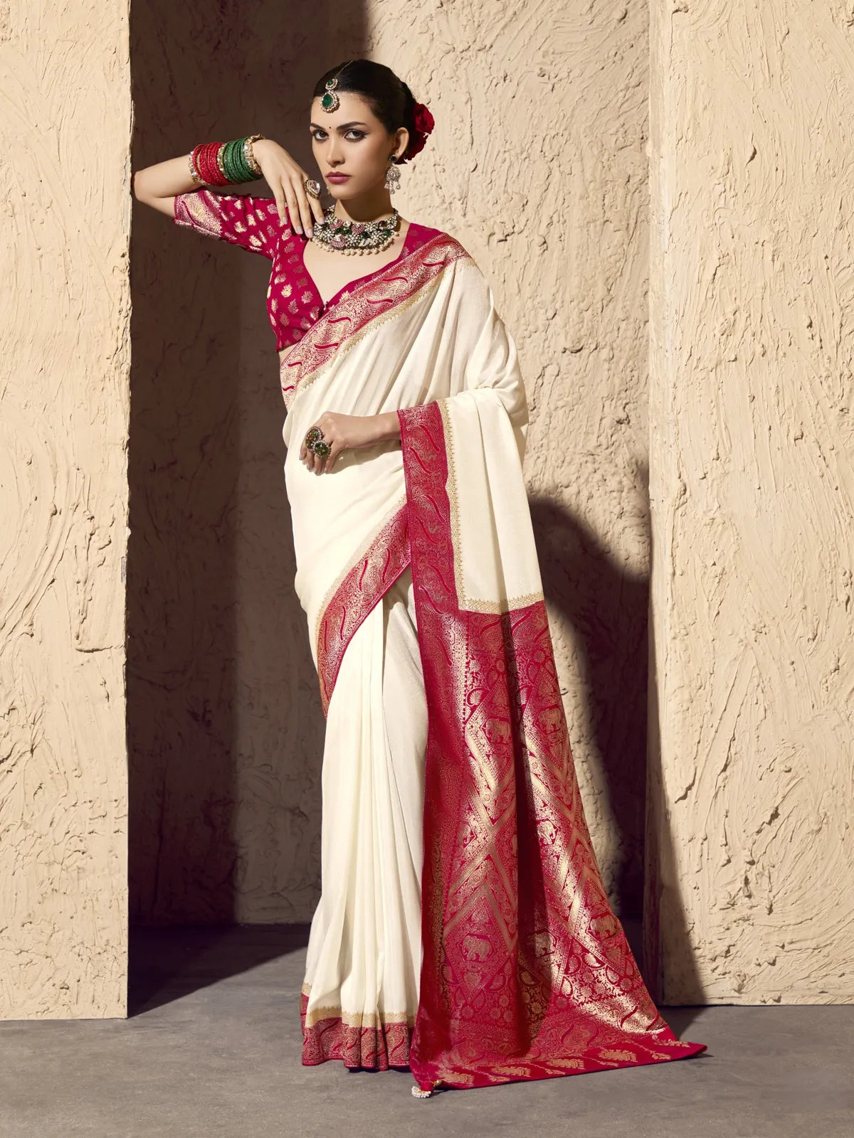 Tarani off white crepe georgette saree with maroon woven blouse and rich zari border full view