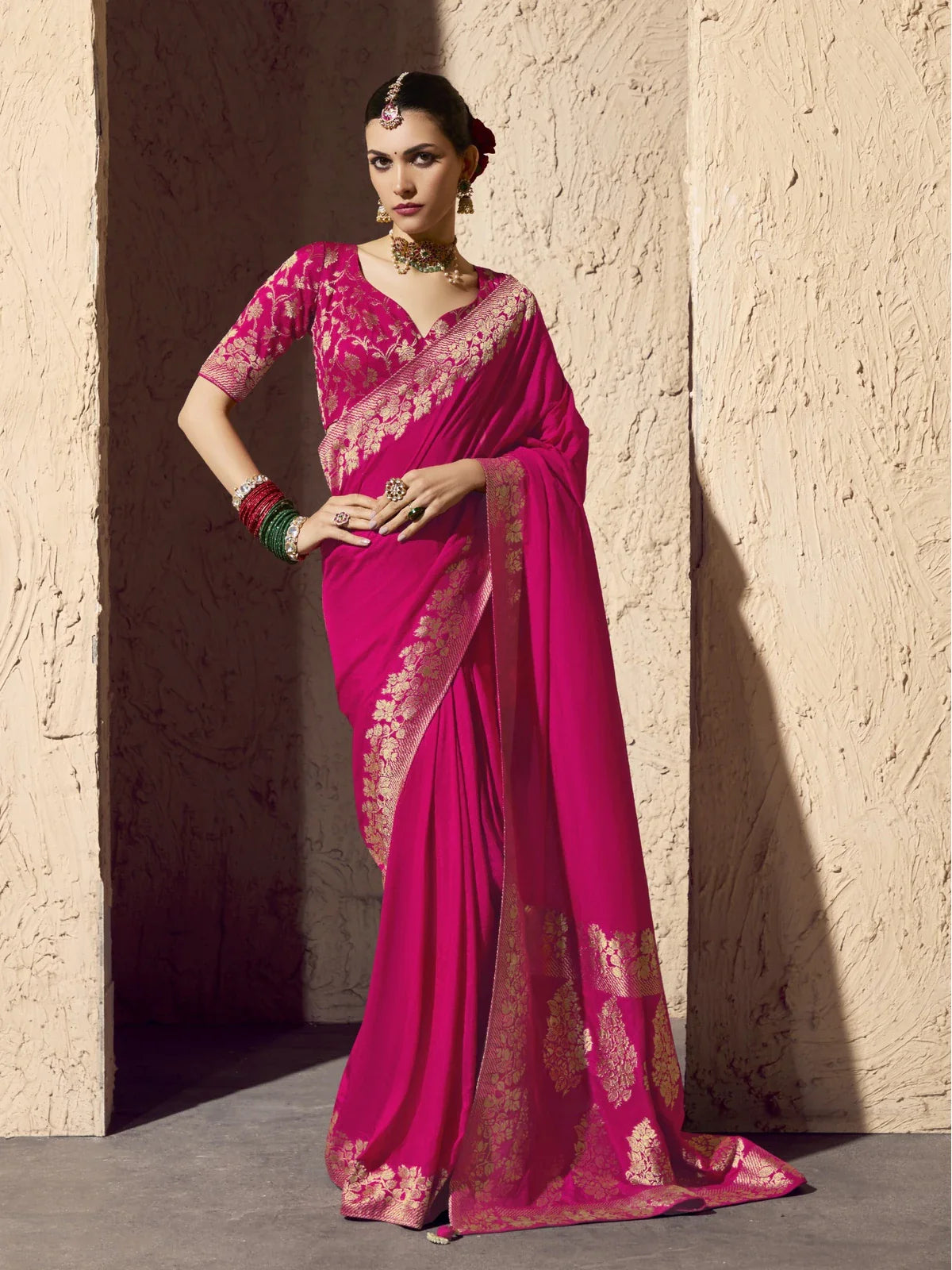 Tarani pink crepe georgette saree with zari weaving and blouse for weddings