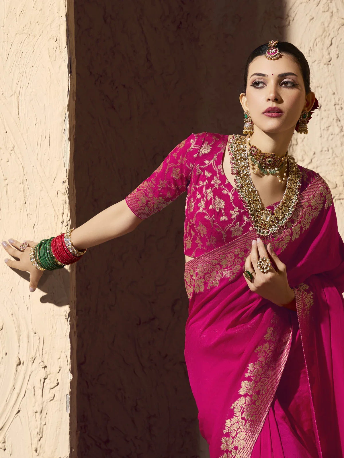 Tarani pink crepe georgette saree upper body blouse closeup for festive occasions