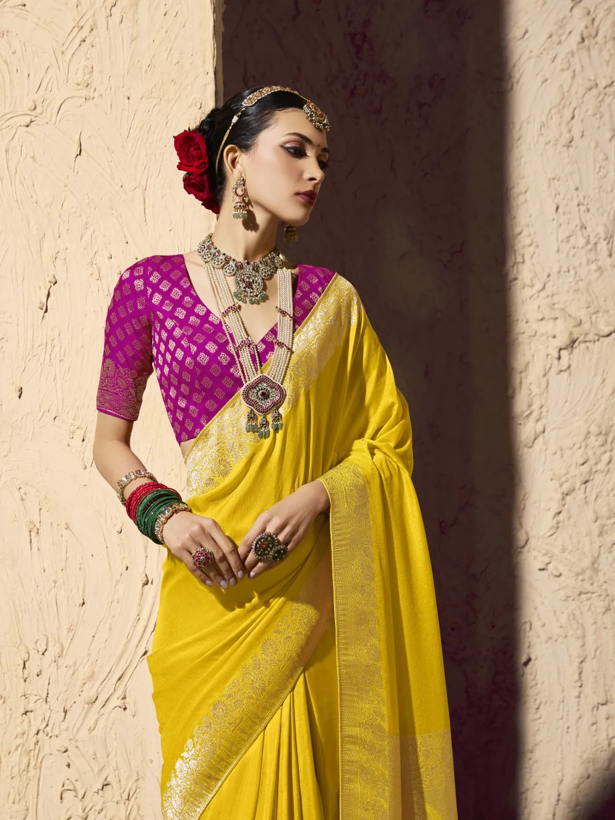 Tarani festive crepe georgette saree closeup showing blouse and jewellery details