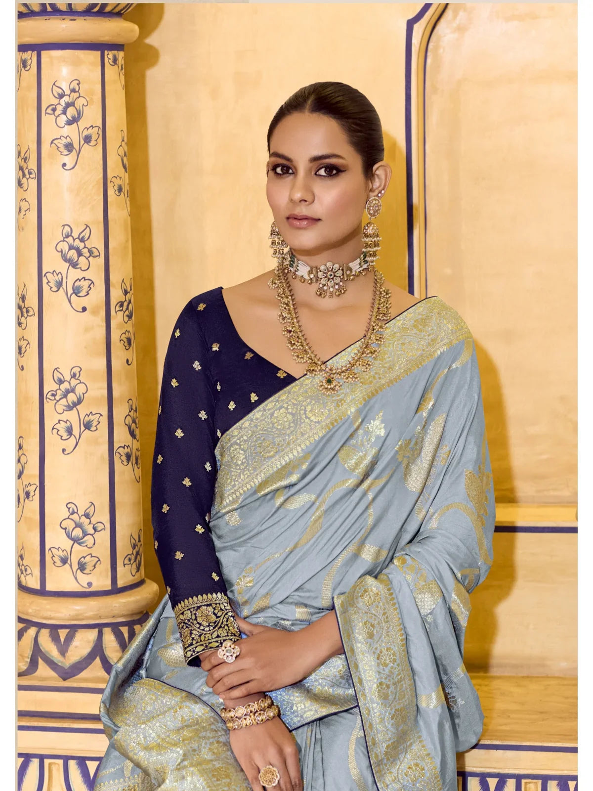 Tarani crepe silk saree upper body view with elegant zari detailing and designer jewellery