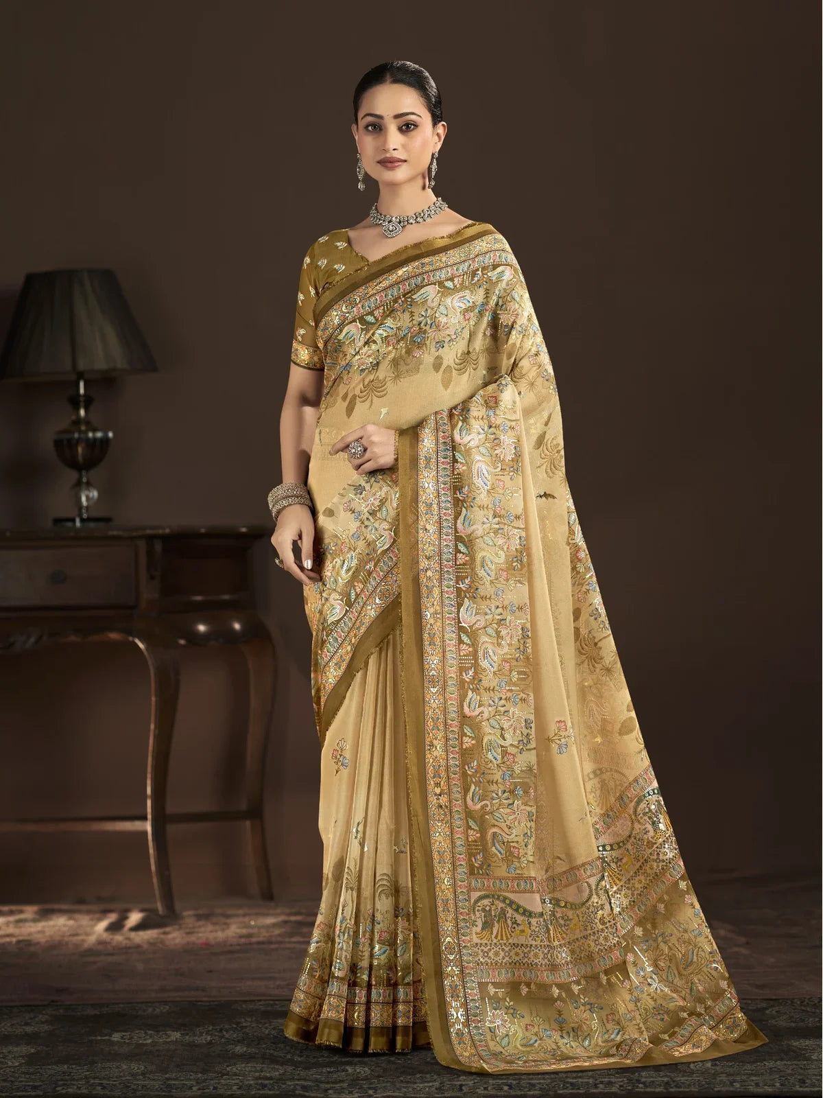 Tarani golden crepe saree full front view with digital foil print and elegant party drape